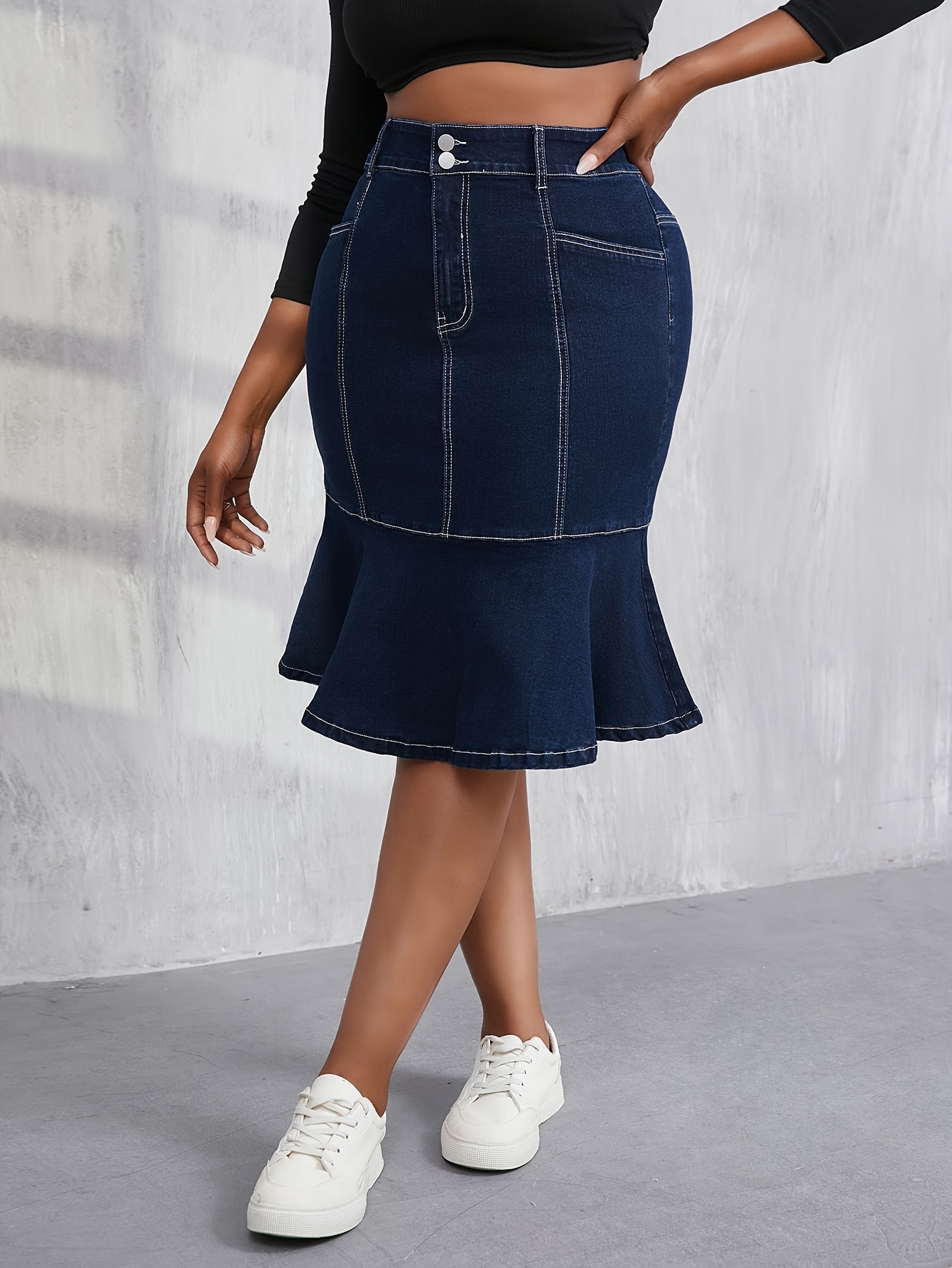 plus size denim skirt women blue high elastic high waist Temu