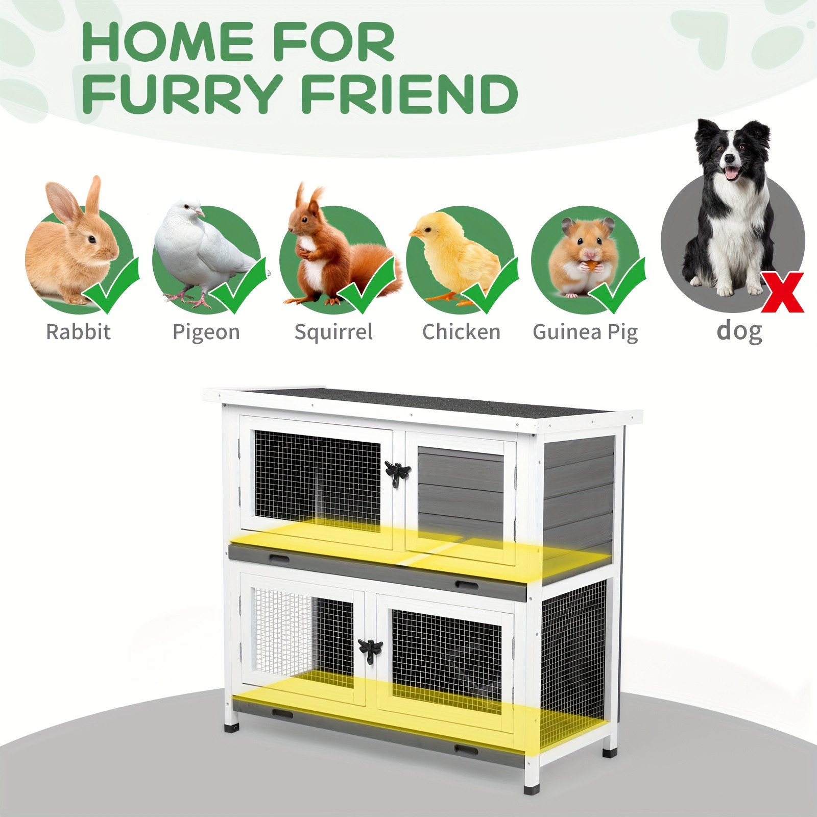 2 story solid wood rabbit hutch bunny cage with 2 large main rooms indoor outdoor rabbit house guinea pig cage pet house for small animals with 2 removable trays grey white
