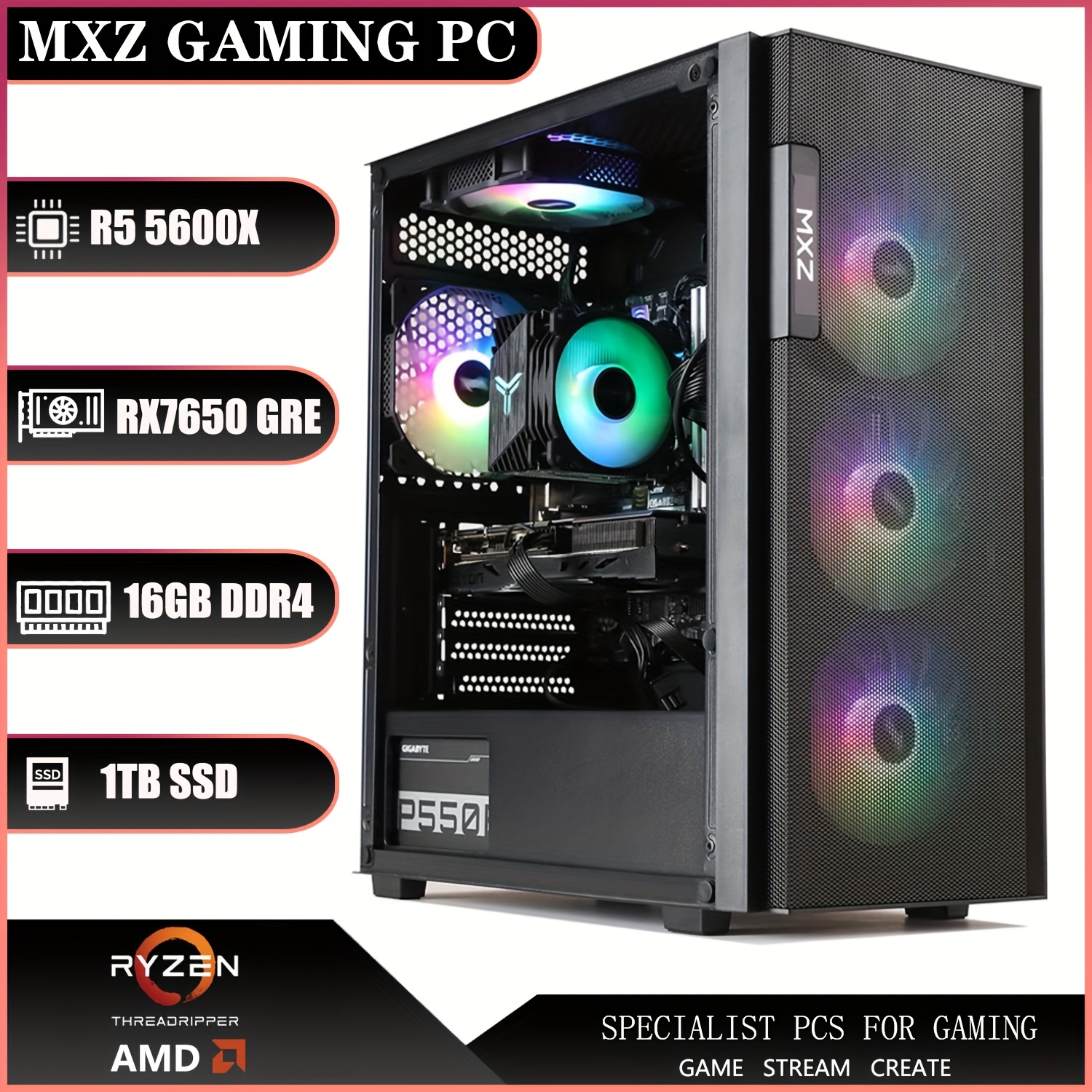 mxz gaming pc 5 5600x rx 6750gre 16gb ddr4 1t b450 - Temu
