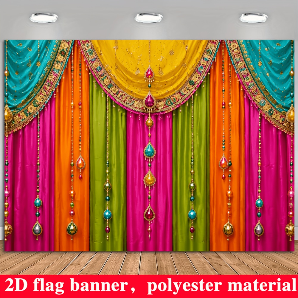TEMU 2d Flat, 2d Flat Banner - Exotic Indian-style Colorful Draped Curtain-themed Backdrop, Featuring Exquisite Dangling Gemstone Ornament Elements,