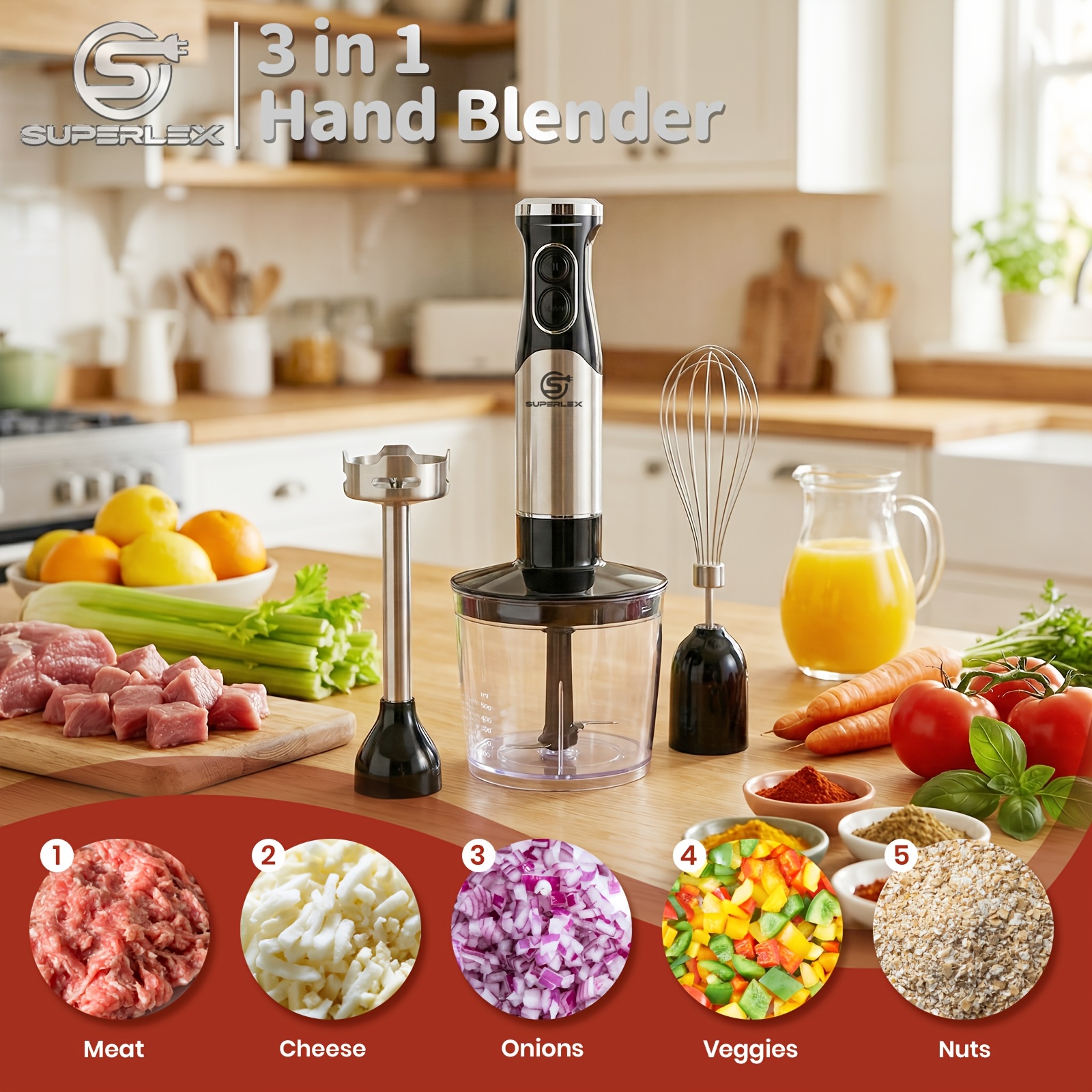 TEMU 3in 1 Hand Blender 600w Stick Blender With Stainless Steel Blending Leg Hand Whisk And 600ml Chopper Bowl 2 Speed Settings Handheld Blender For