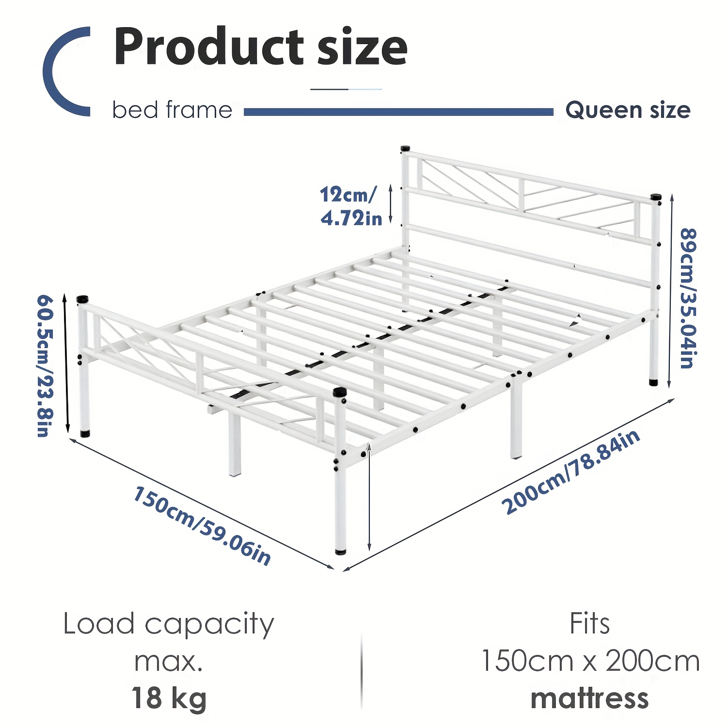 TEMU 5ft Queen Size Metal Bed Frame With Slatted Platform And Arrow Design Headboard, Features Under-bed Storage, For Box Spring - White