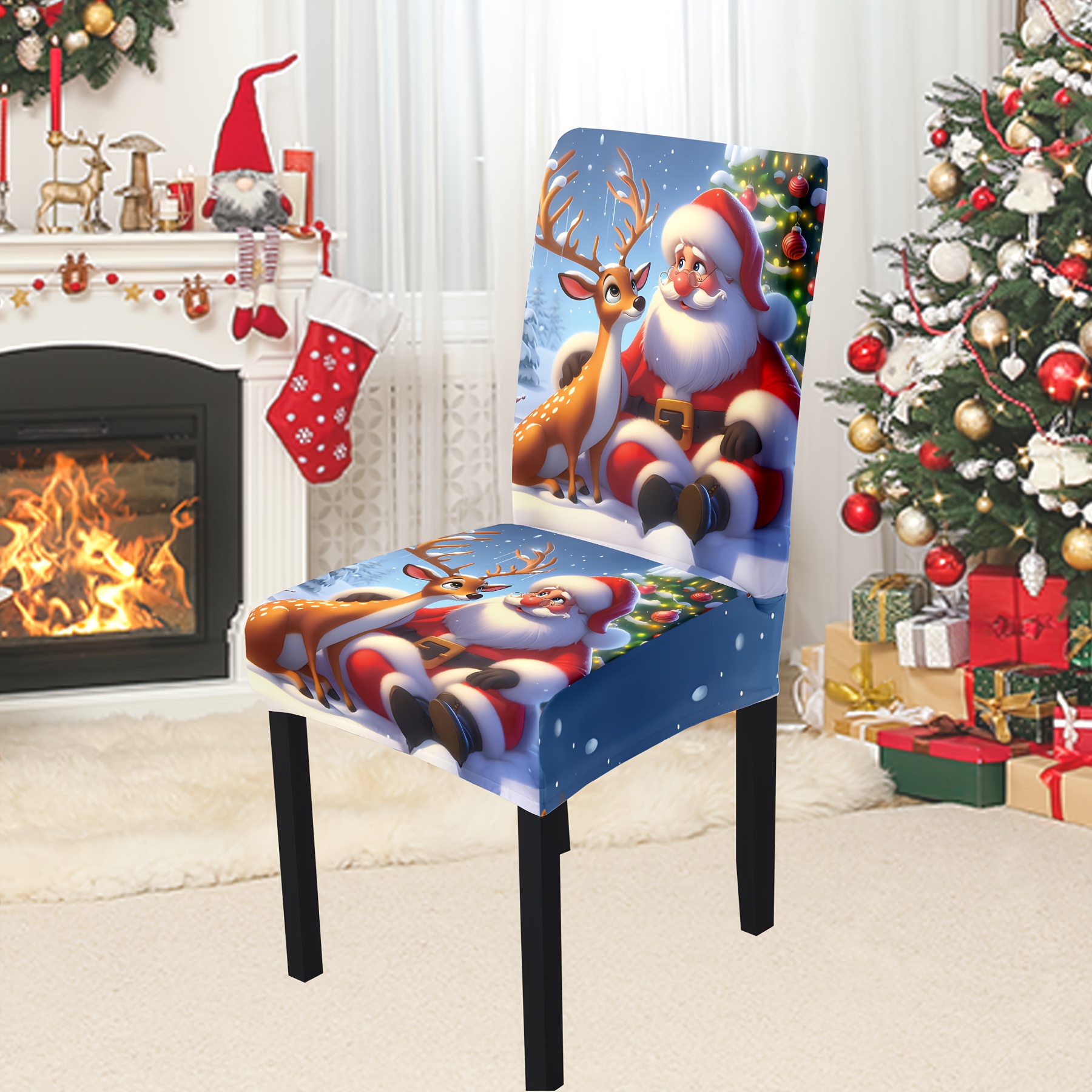 

4pcs/6pcs Set - Santa & Reindeer Print Stretch Chair Covers For Christmas Party Decor | Dust-resistant & Washable Slipcovers For Indoor Dining Chairs | Gift