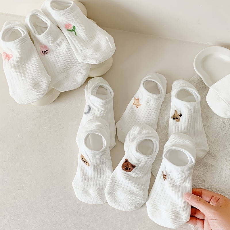 E-shop 5 Paar weiße Socken Damen Bootssocken Sommer dünne, kurz geschnittene Socken, flache, unsichtbare Socken, nicht Socken, süße Socken