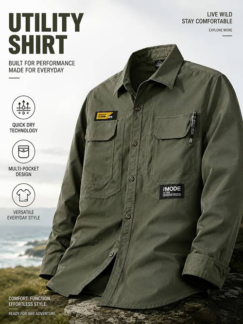 imagen del artículo camisa de larga para hombre de /otoño, , transpirable, con múltiples bolsillos, color liso, con botones al , casual para exteriores. para desplazamientos diarios y - un regalo ideal de vacaciones para novio o esposo. lavable a máquina