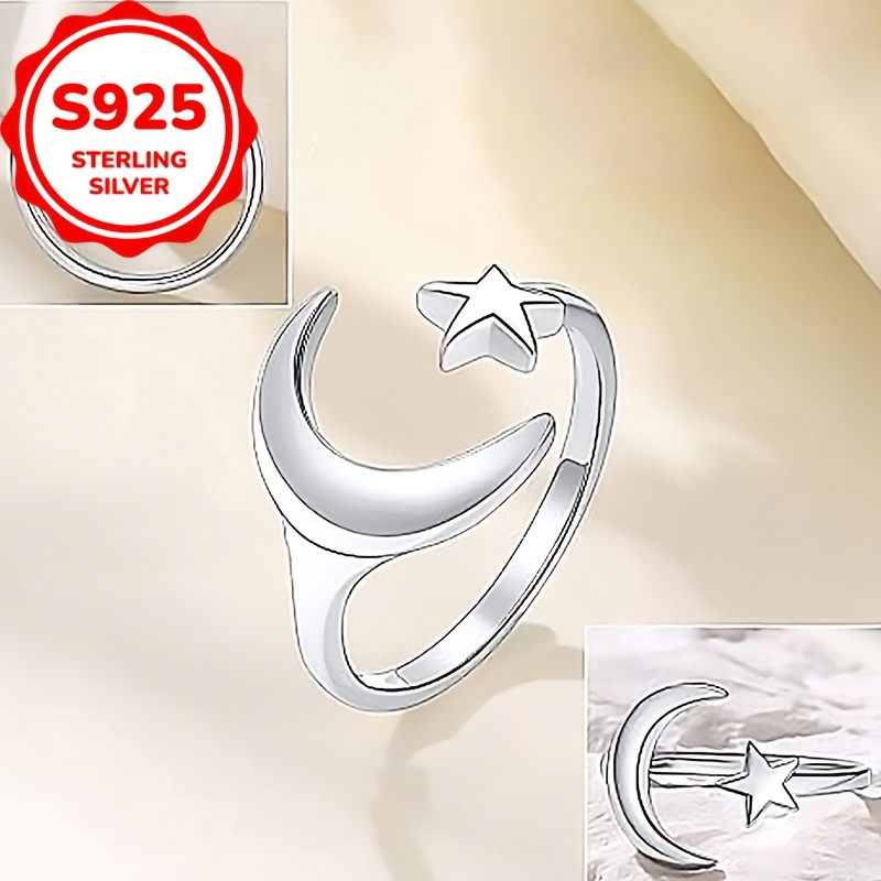 Women's S925 Sterling Silver Star & Moon Open-Toe Ring, Elegant Gift