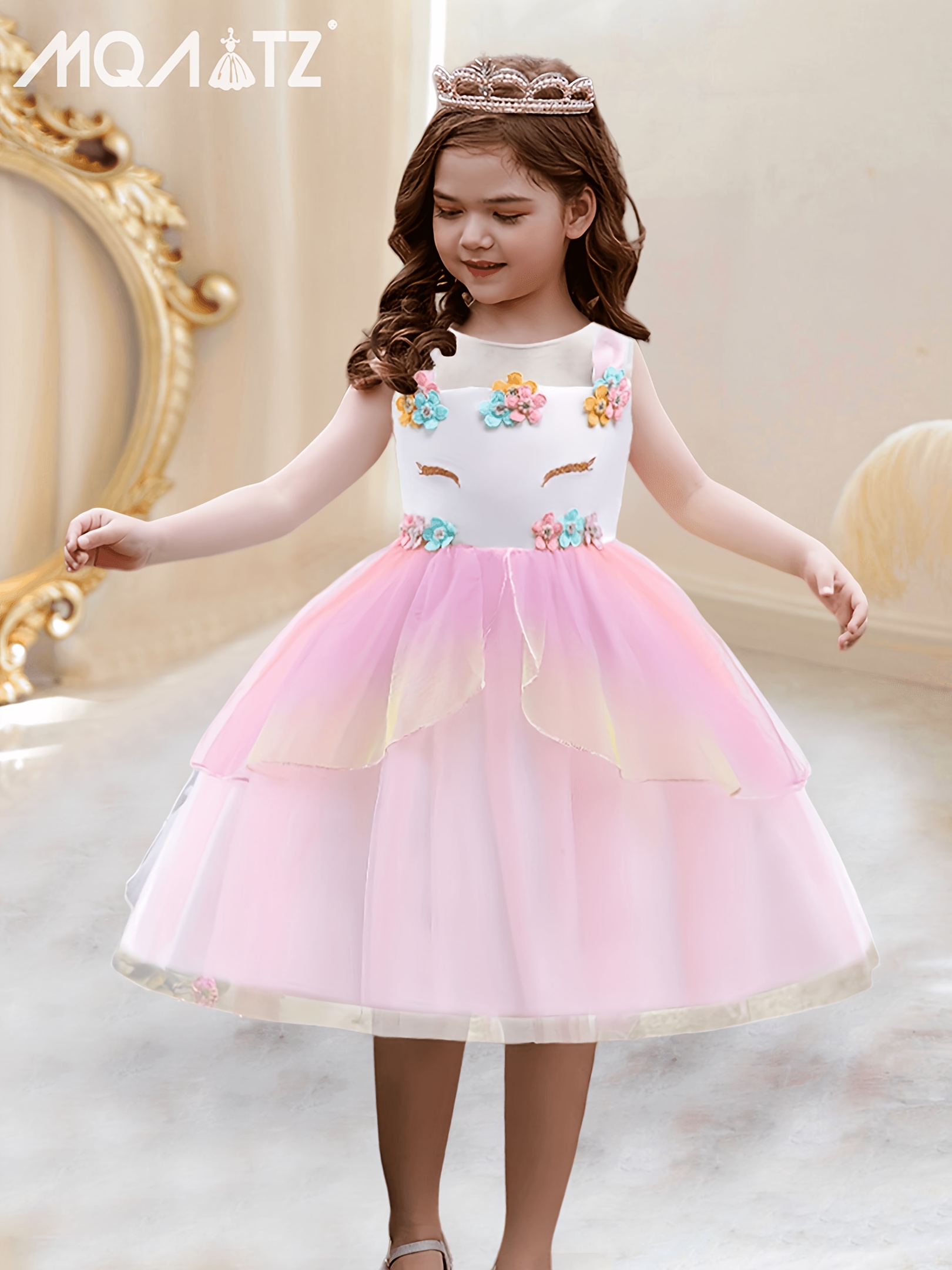 Toddler Girl Unicorn Print Floral Design Short-sleeve Mesh Pink Dress