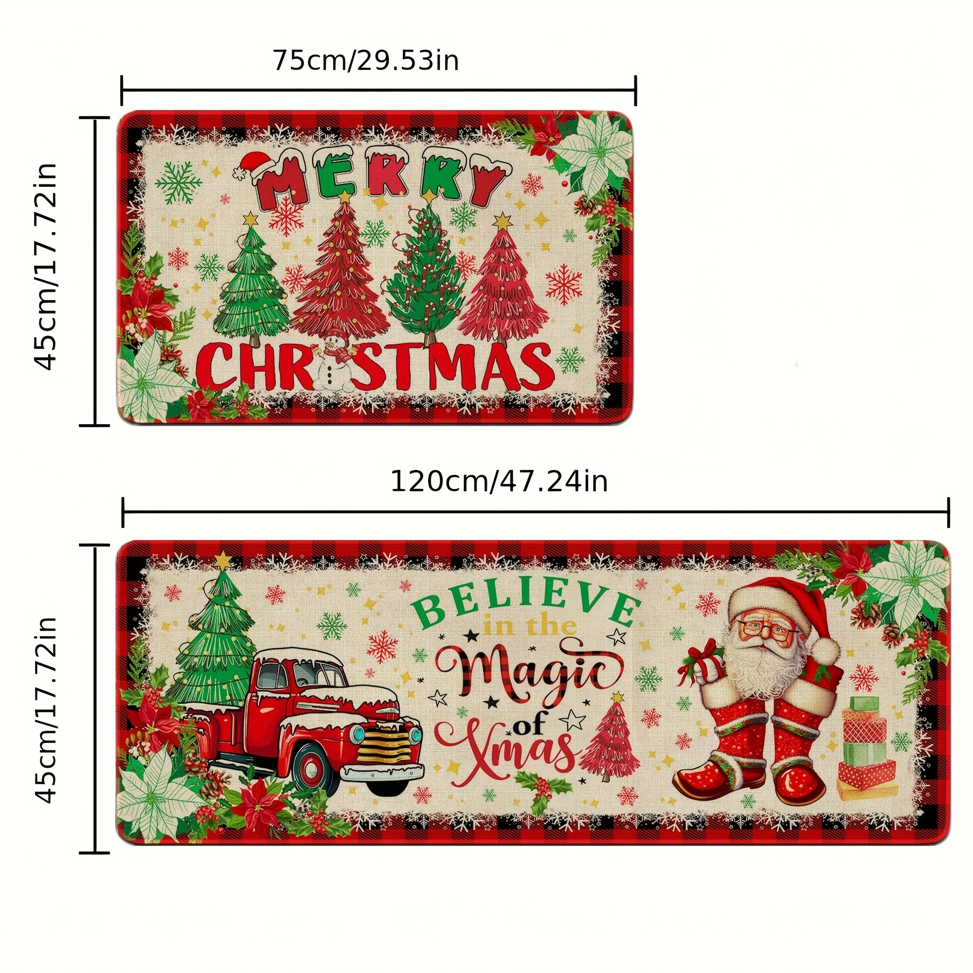 2pcs set christmas themed kitchen floor mats christmas kitchen rugs set of 2 santa claus farmhouse truck red   pattern christmas kitchen decor machine washable great for kitchen home office laundry room bathroom   christmas   flange 0 47 inch floor mat Product details 5