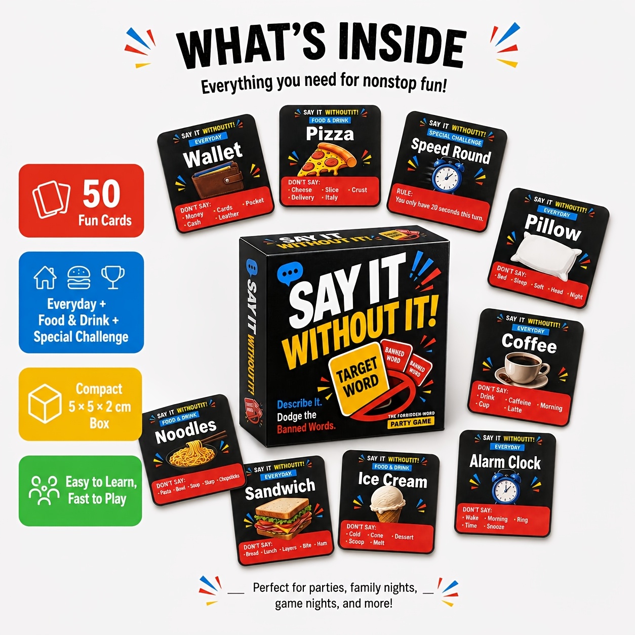 TEMU WITHOUT IT! Gioco di indovina con 50 carte, per riunioni di famiglia, , serate di gioco, viaggi e campeggio, giochi frenetici.