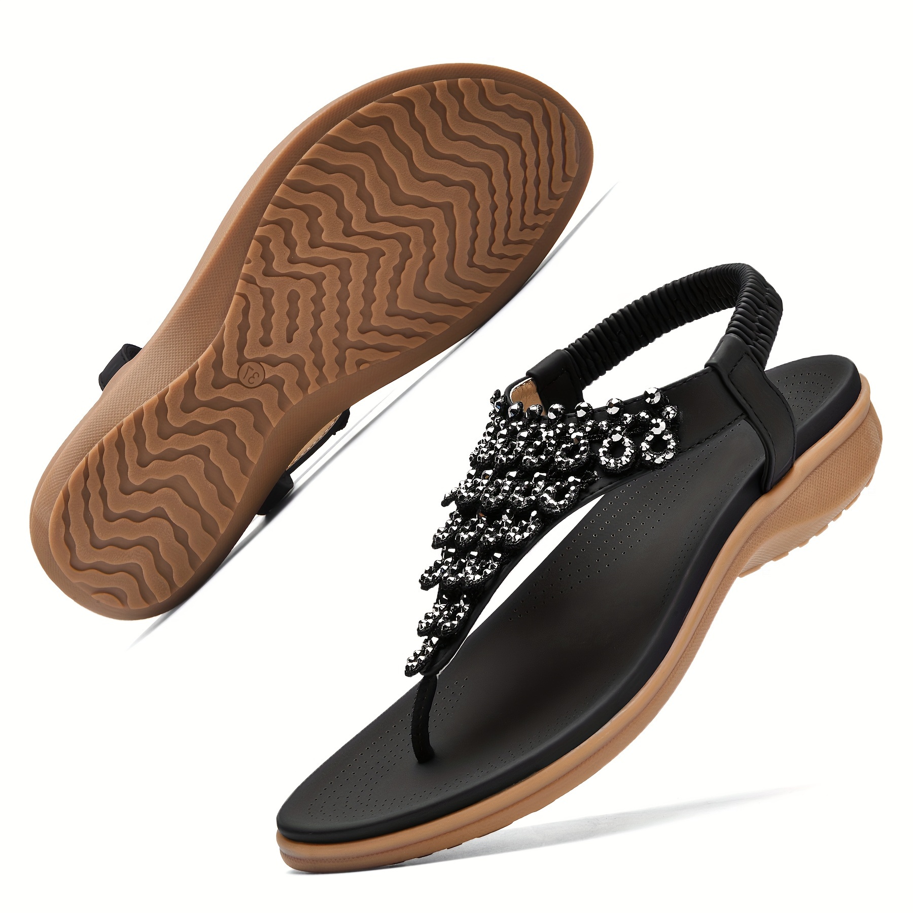 

Women Arch Support Sandals Rhinestone Casual Wear Flat Sandals Dressy T-strap Thong Sandals