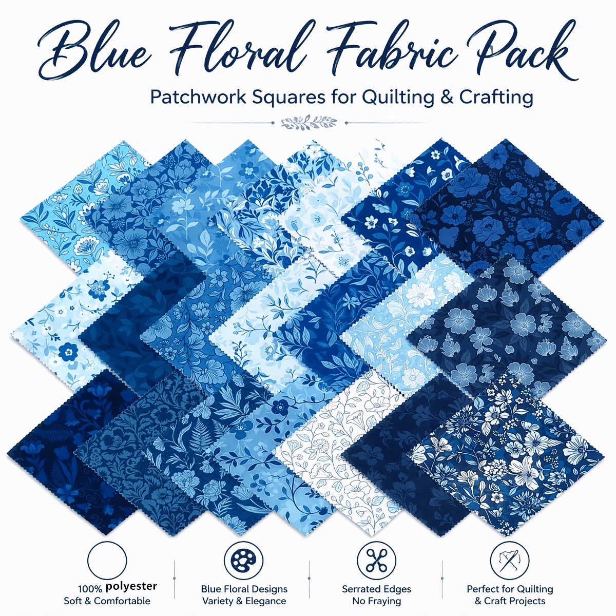 TEMU 42pcs 12.7 X 12.7cm Blue Floral Printed Fabric Group | Pre-cut Quilting Fabric Squares, 20pcs Fashionable Floral Patterns, Random Mixed Colors