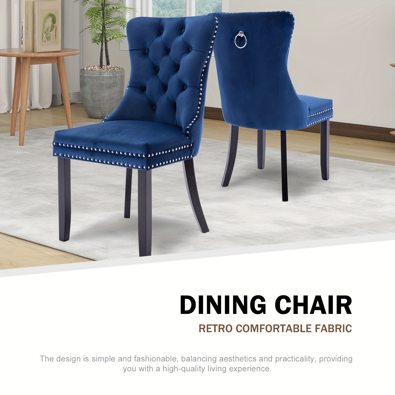 Velvet Upholstered Dining Chairs Set Of 2, Wingback Dining Room Chairs with Ring Pull Trim And Button Back, Luxury Tufted Dining Chair for Living Room, Bedroom, Kitchen