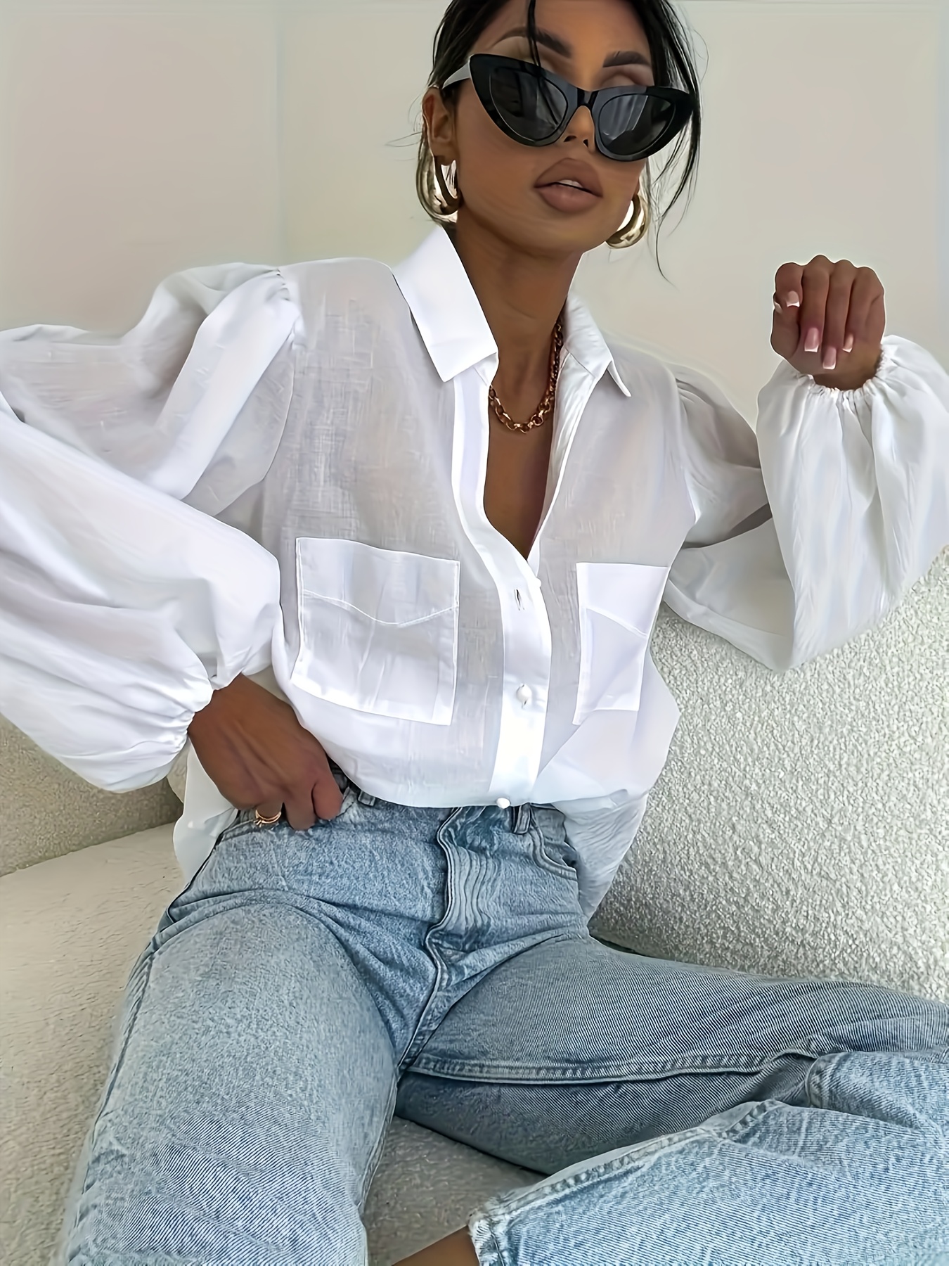 womens solid color double pocket covered collar open front - Temu Mauritius
