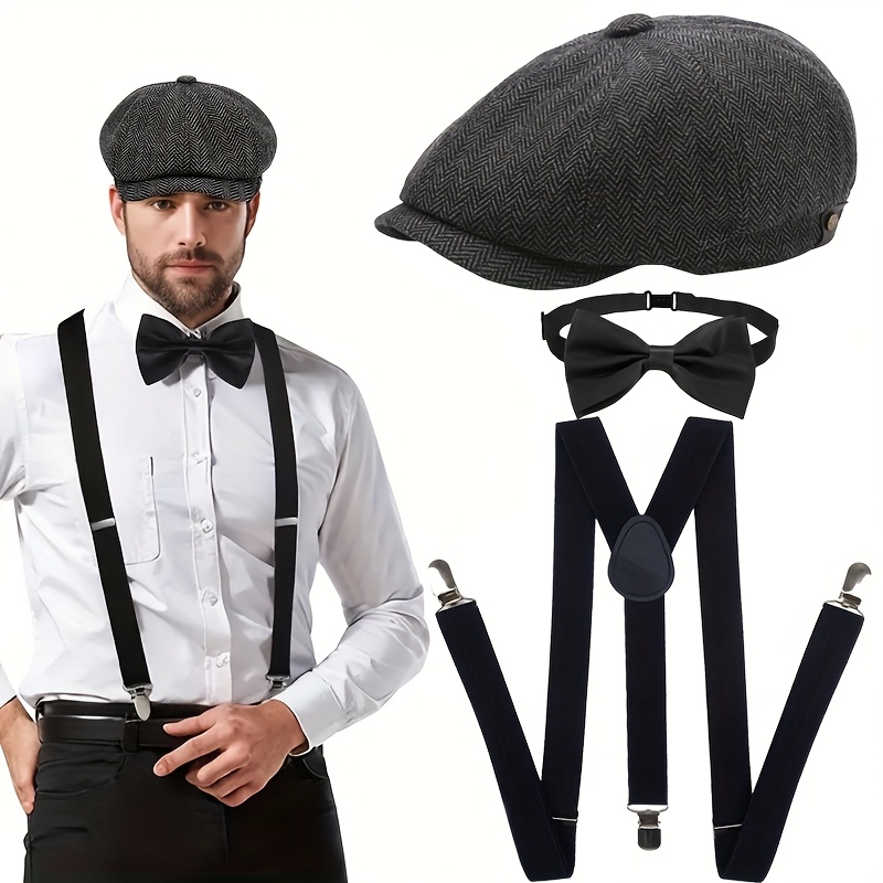 3pcs complete costume set news boy hat tie adjustable strap elegant 1920s   costume suitable for   men and   for bar parties weddings vintage events themed parties and wedding guest attire without battery