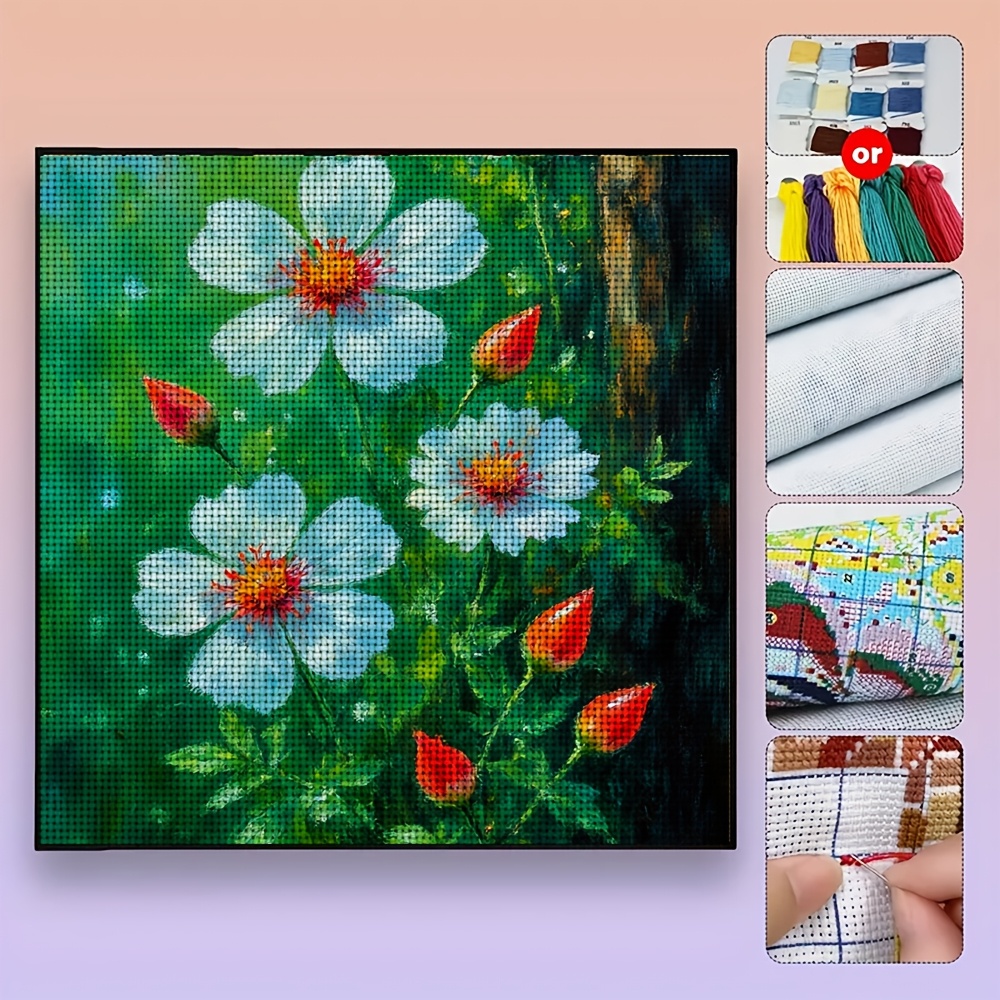 White Flower Red Bract Green Background Cross-Stitch Kit, Perfect for Beginners