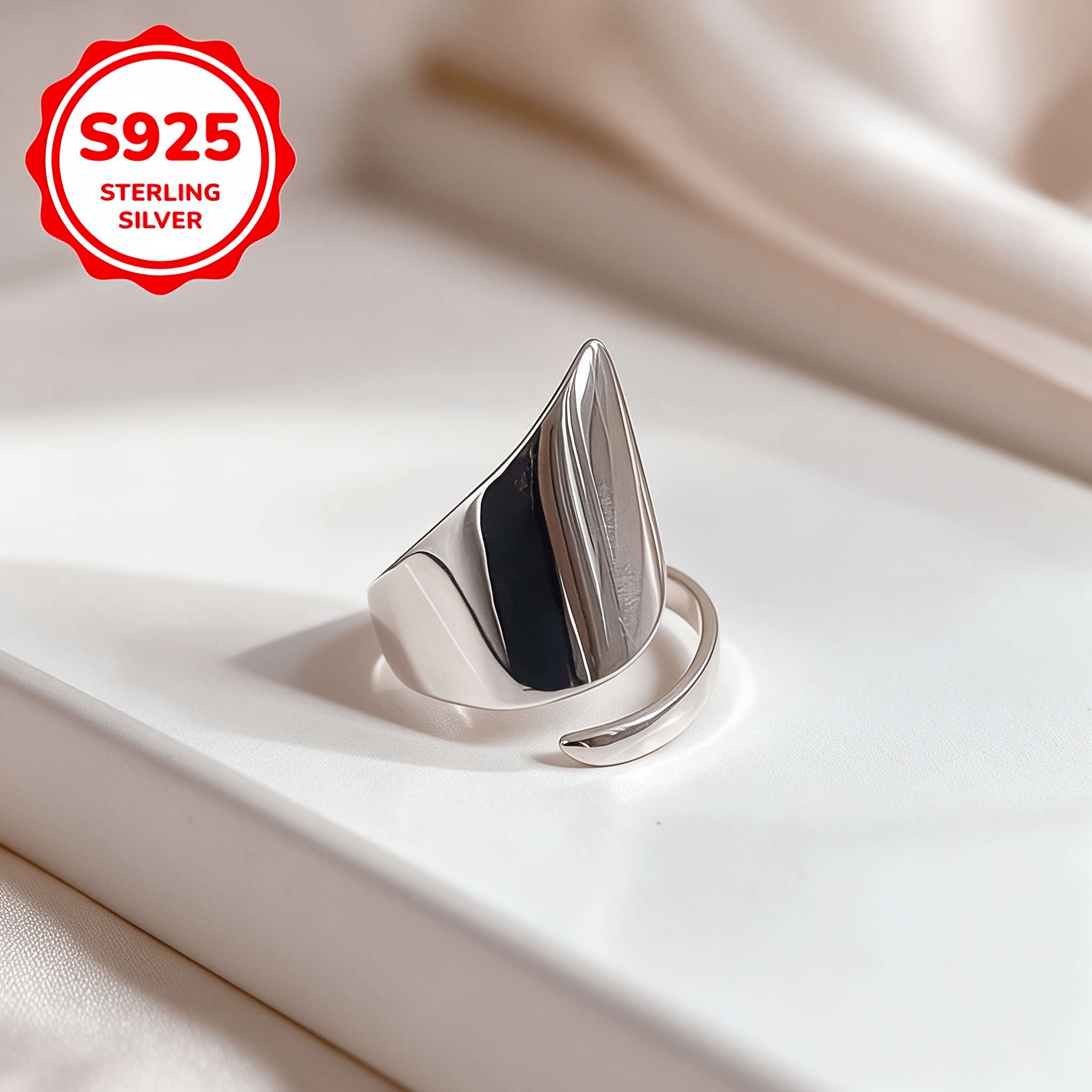 Women's 925 Silver Irregular Glossy Adjustable Ring, Versatile Design