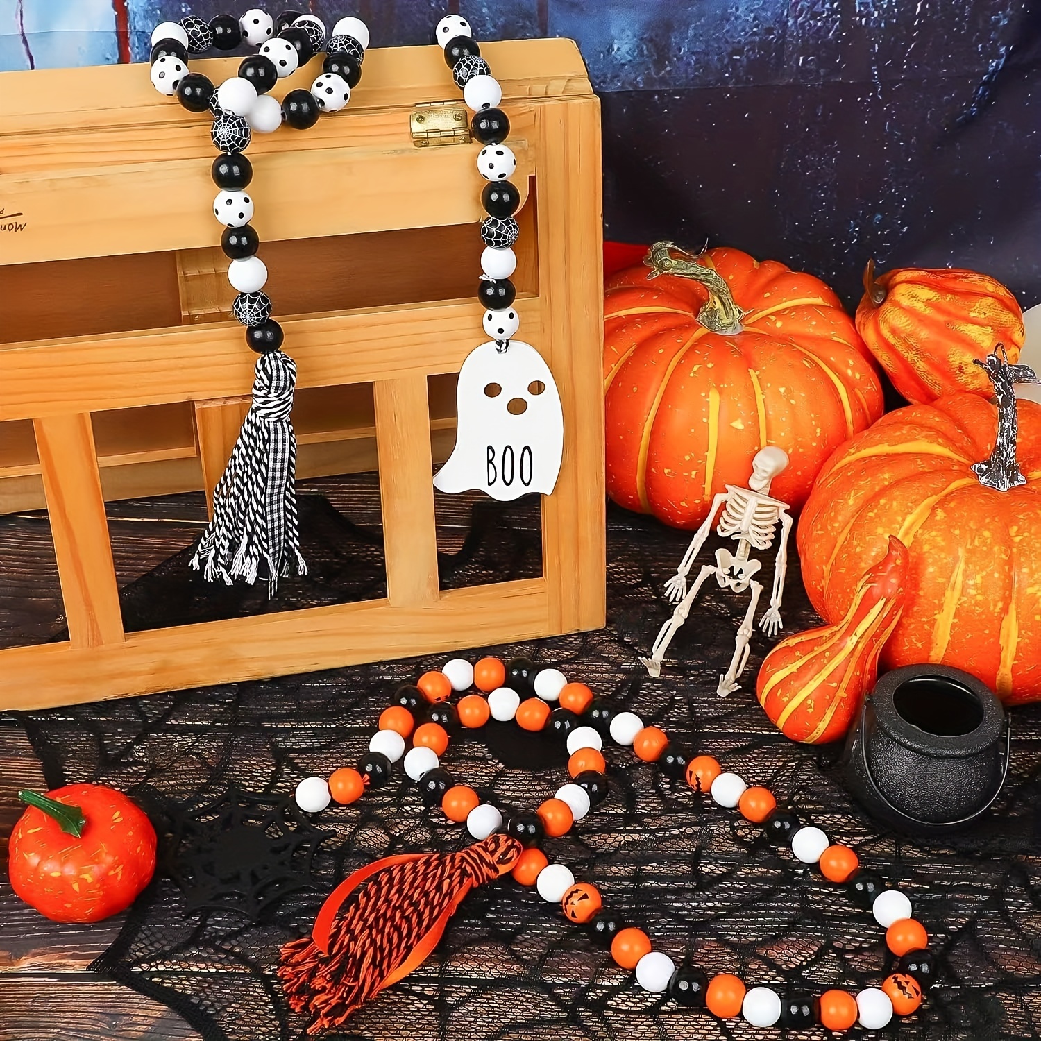 

1pc, Halloween Garland, Festive Wooden Bead Strand With Tassel & Spooky Ghost Tag, Contemporary Home Decor With Spider Web Decor For Holiday Tray Display