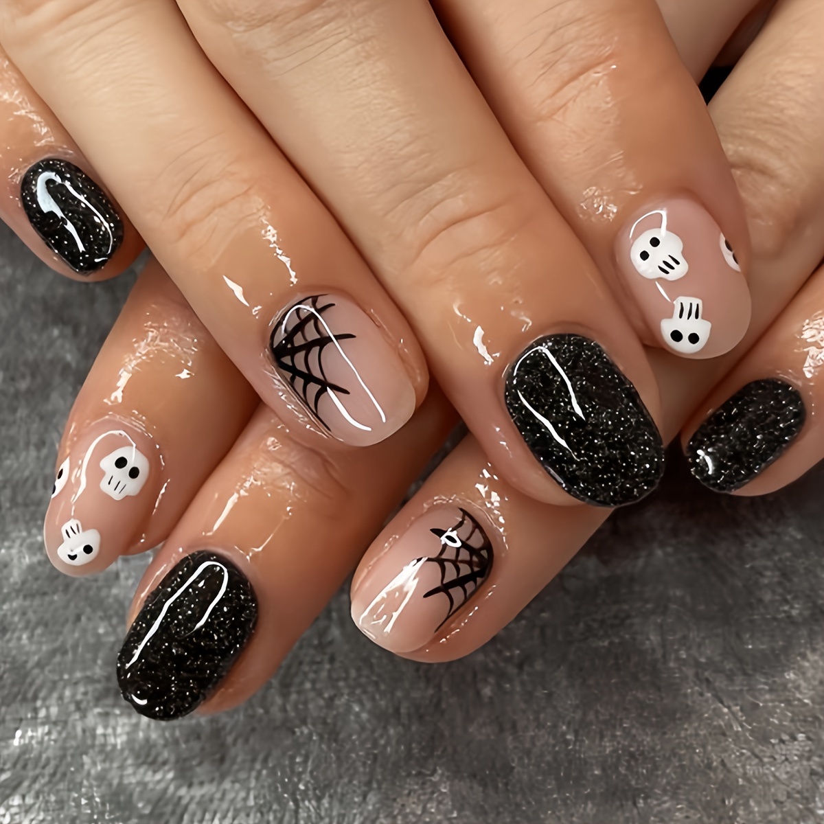 

Festive Nail Decals: 24 Pairs Of Elliptical Nails With Black And Nude Stripes, , And Spider Webs - Perfect For Women And Girls