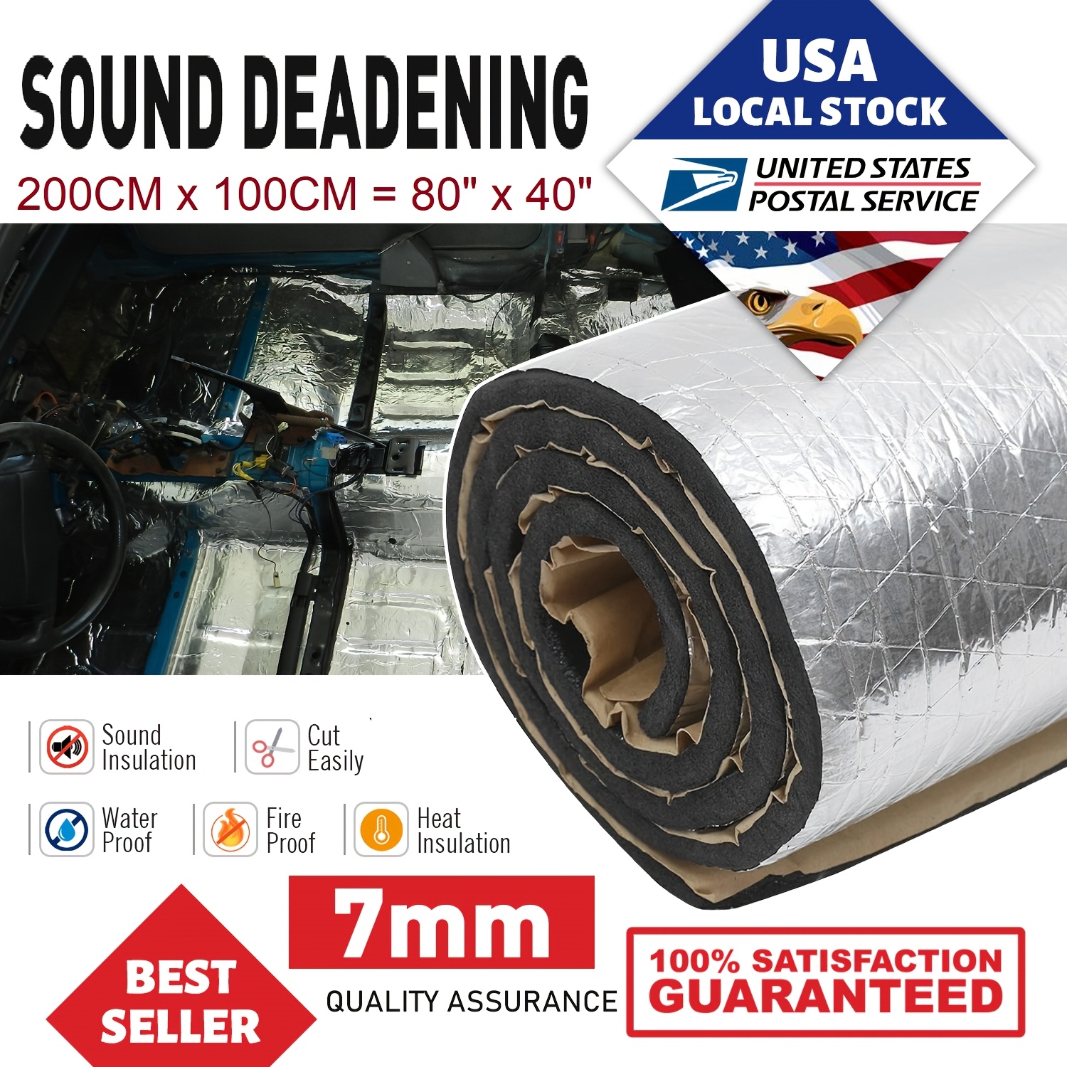 TEMU 80"x40" 276mil Thick Car Sound Deadening Mat - Noise & Heat Shield Insulation, Closed Cell , Vibration Dampening Material For Hood, Roof, Doors, Trunk, Dashboard & Under Seat - 21sqft