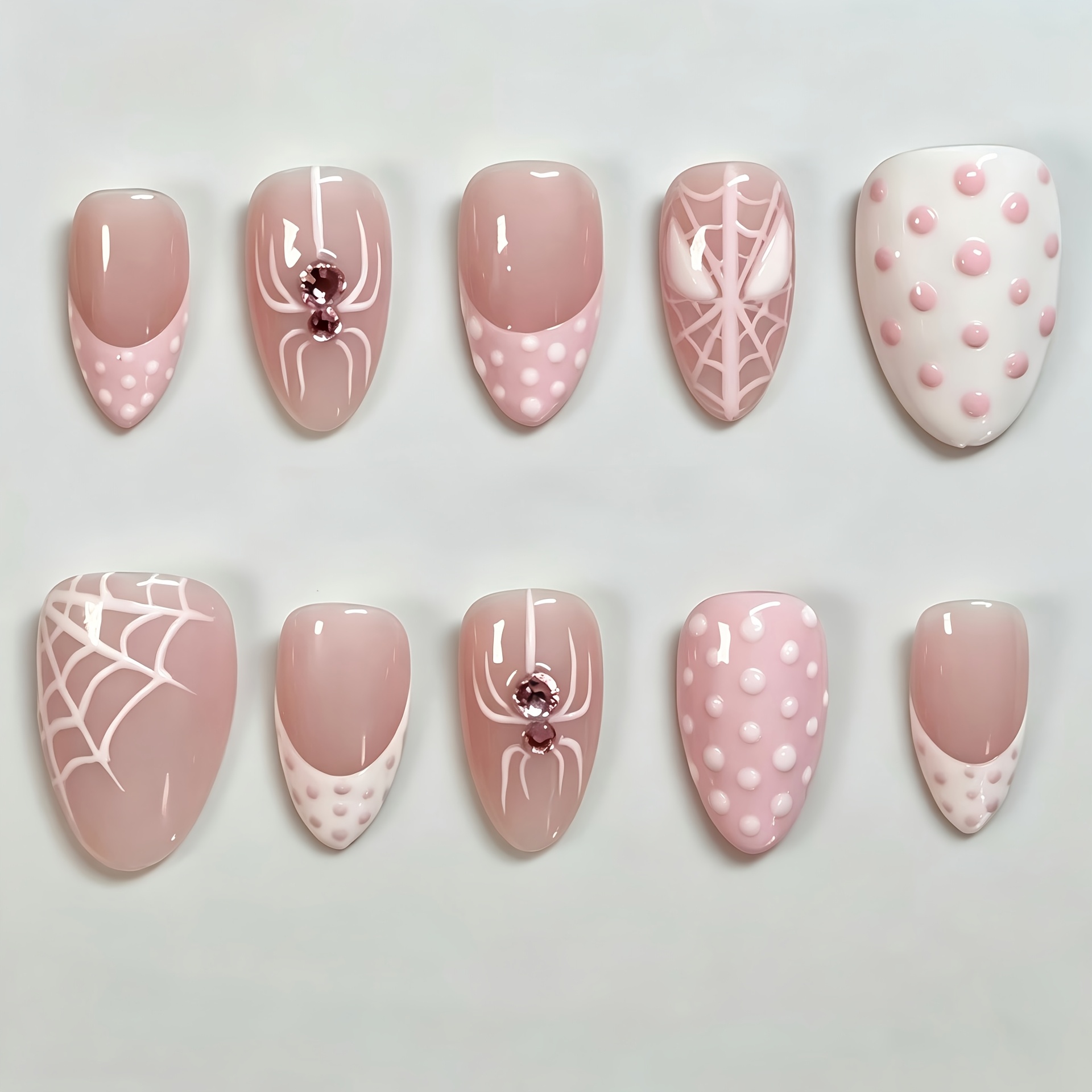 TEMU 24 stuks Zoete Coole Roze Witte Polka Dot Franse Spin Nagelstickers - Amandelvorm, Strass Roze Web met Wit Roze Franse , 12 Maten Duurzaam en