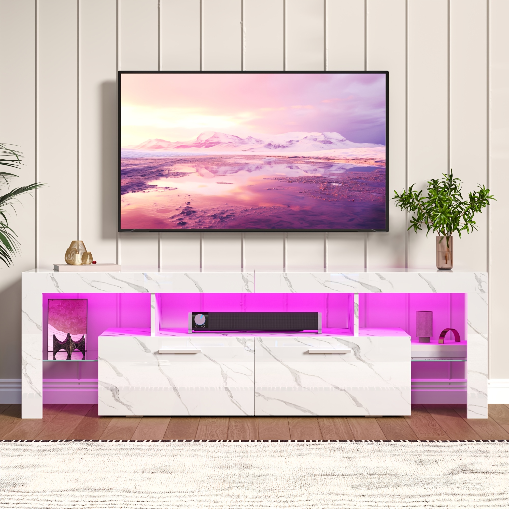 Tv Cabinet High Gloss, Lowboard With Led Lighting, Tv Cabinet For Tvs Up Inches, With 2 Large Cabinets, 160 X 35 X 45cm