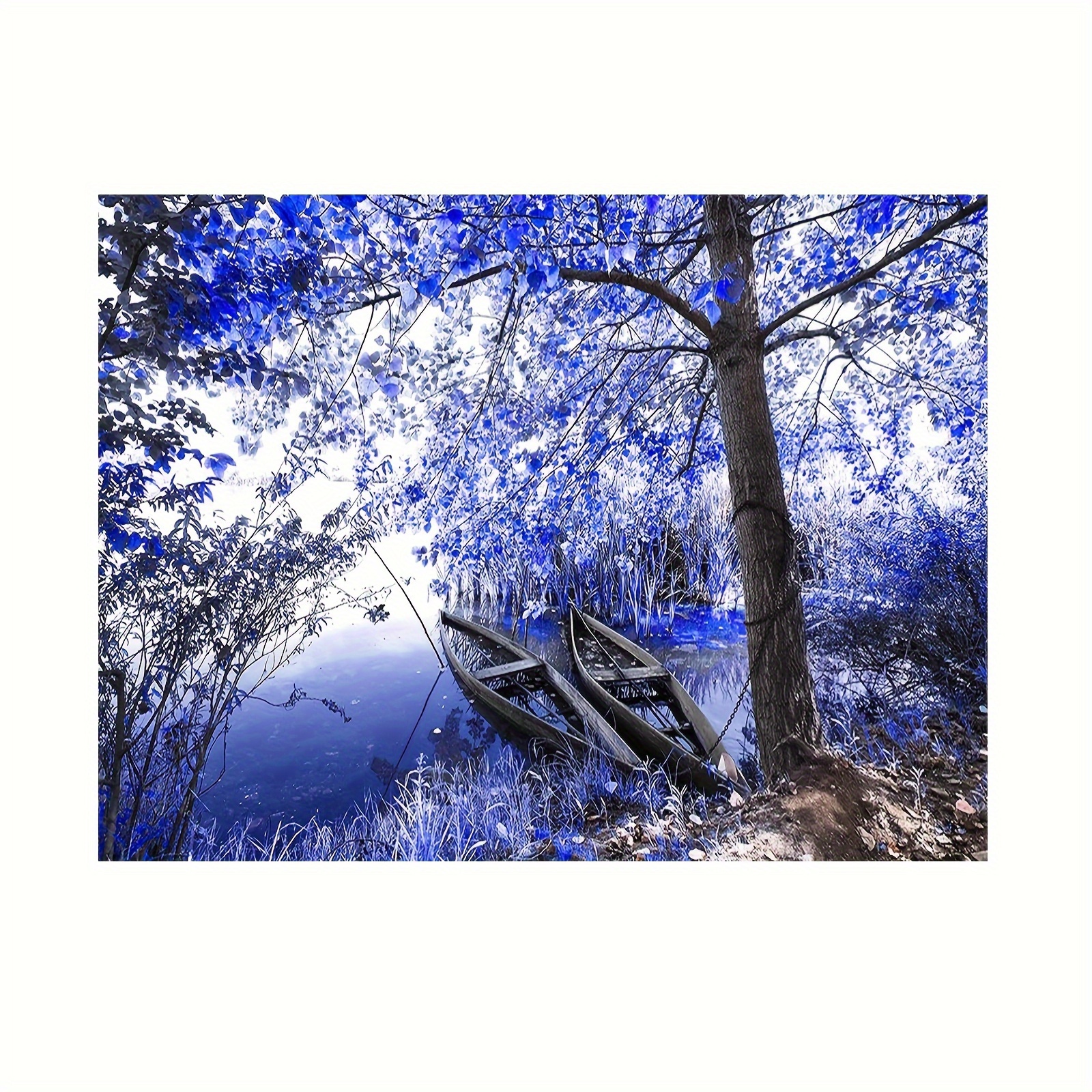 Blue Tree Boat Lake Landscape Canvas Wall Art Frameless - Temu