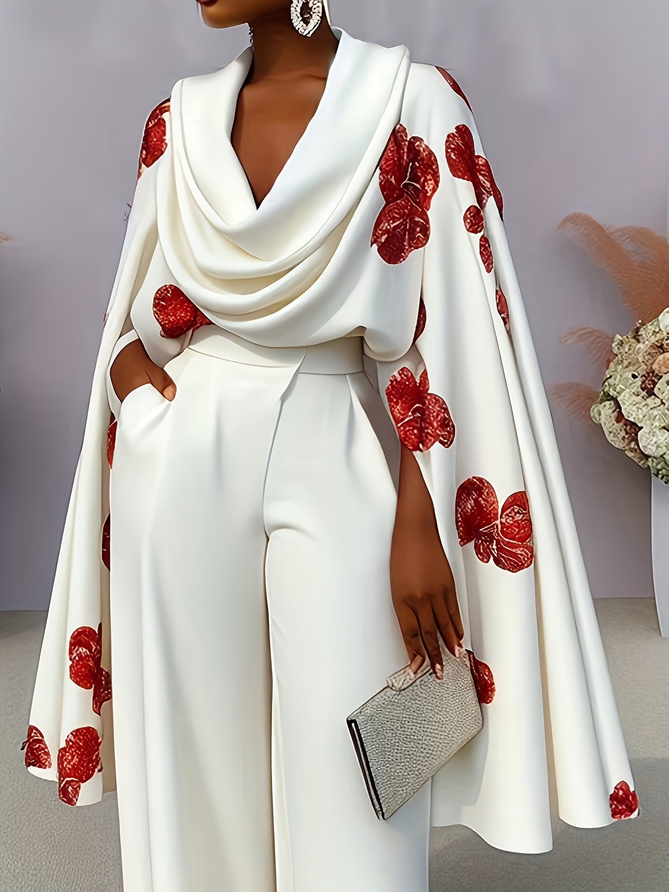 Floral Print Blouse With Swing Neckline, Slit, And Flared Sleeves, A