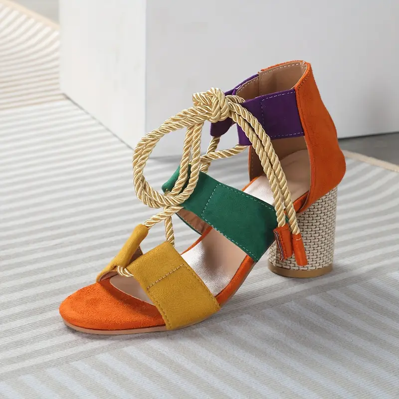 womens colorblock stylish sandals lace out versatile chunky heels breathable summer shoes details 5