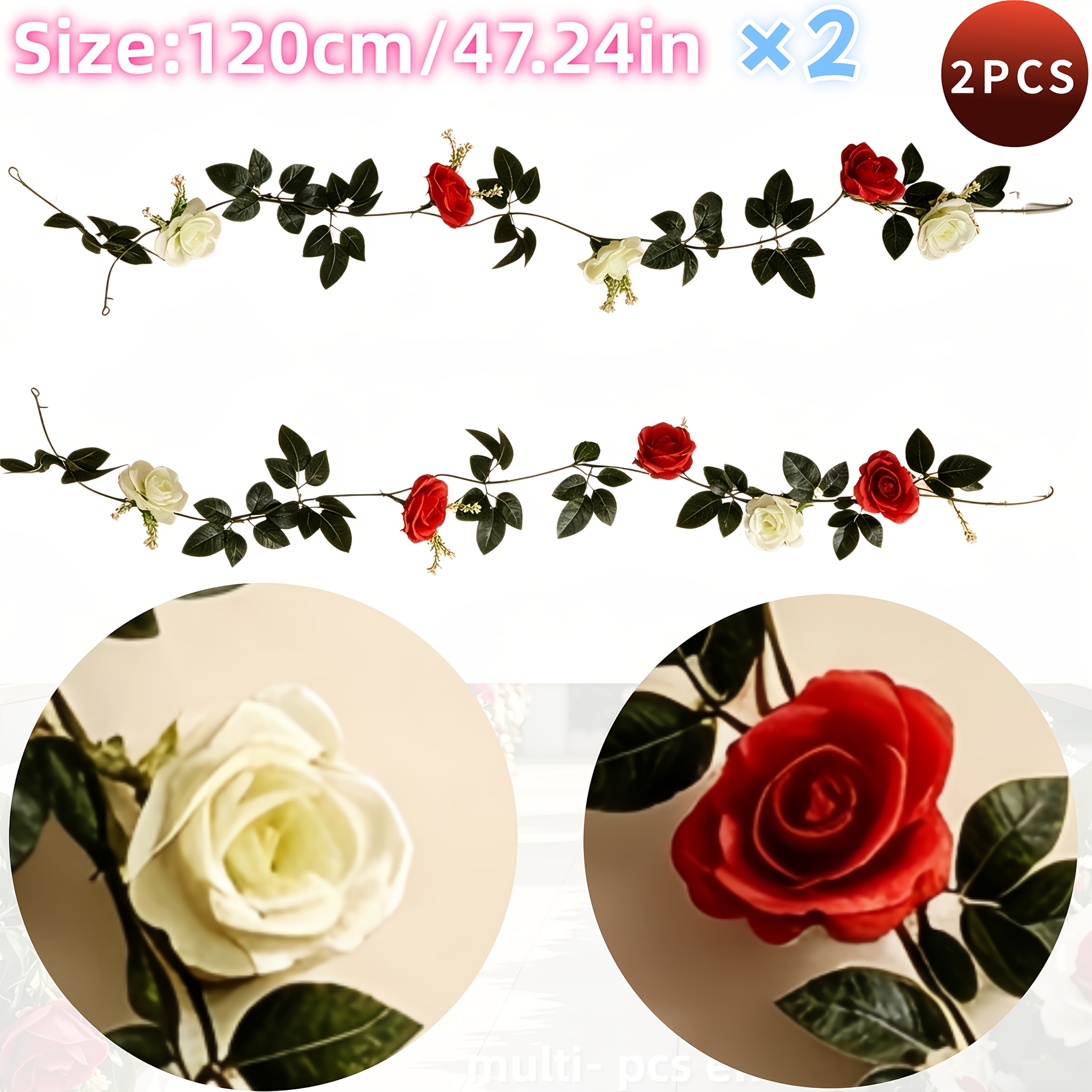 TEMU 2pcs Realistic Red And White Rose Vine Strands, Valentine's Day Special, Archway Vine Flowers, Suitable For Party Home Wedding Birthday Wall