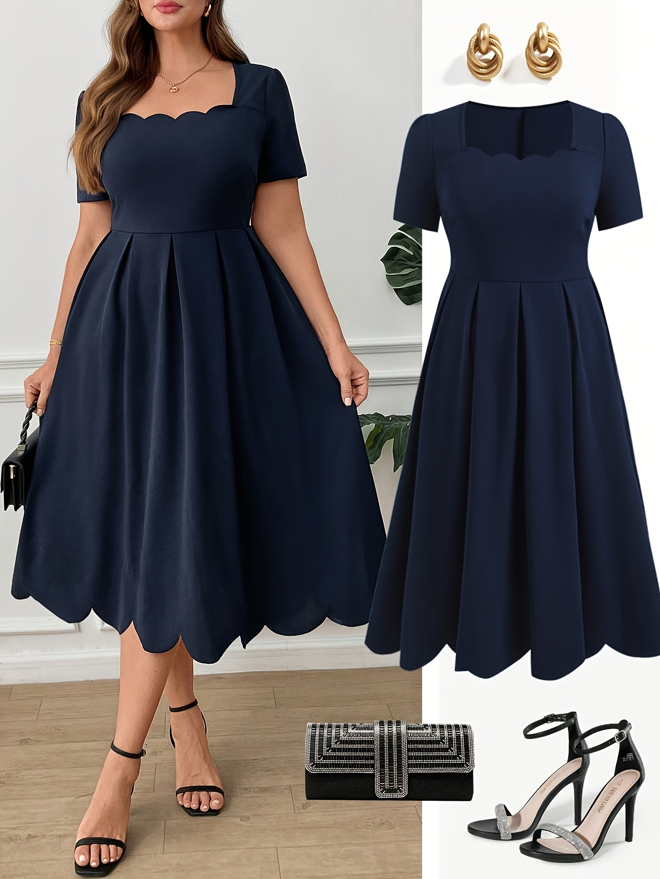 plus size elegant square neckline shell trimmed plain dress - Temu Mauritius