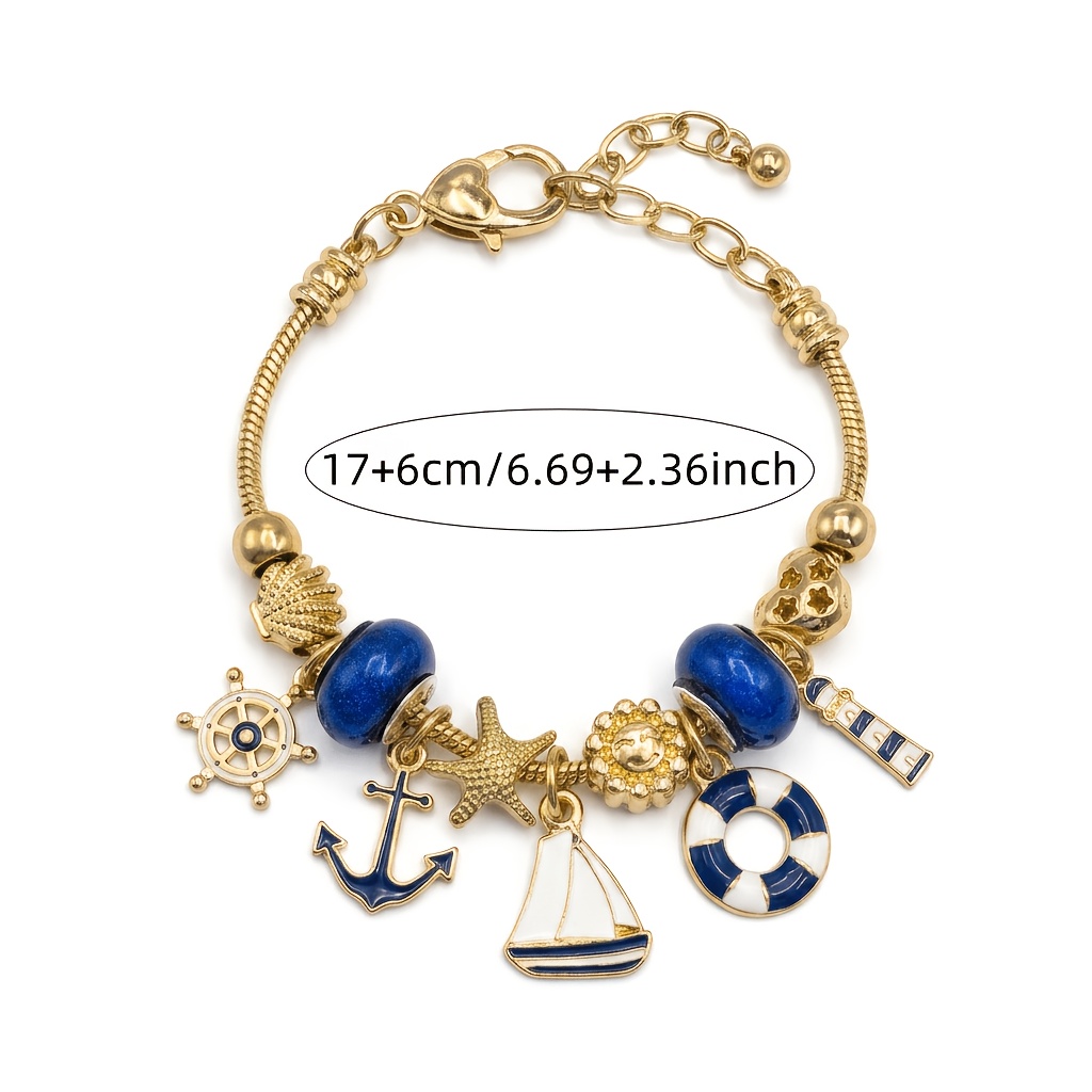 Nautical Blue Sailboat Lighthouse Anchor Bead Pendant Bracelet