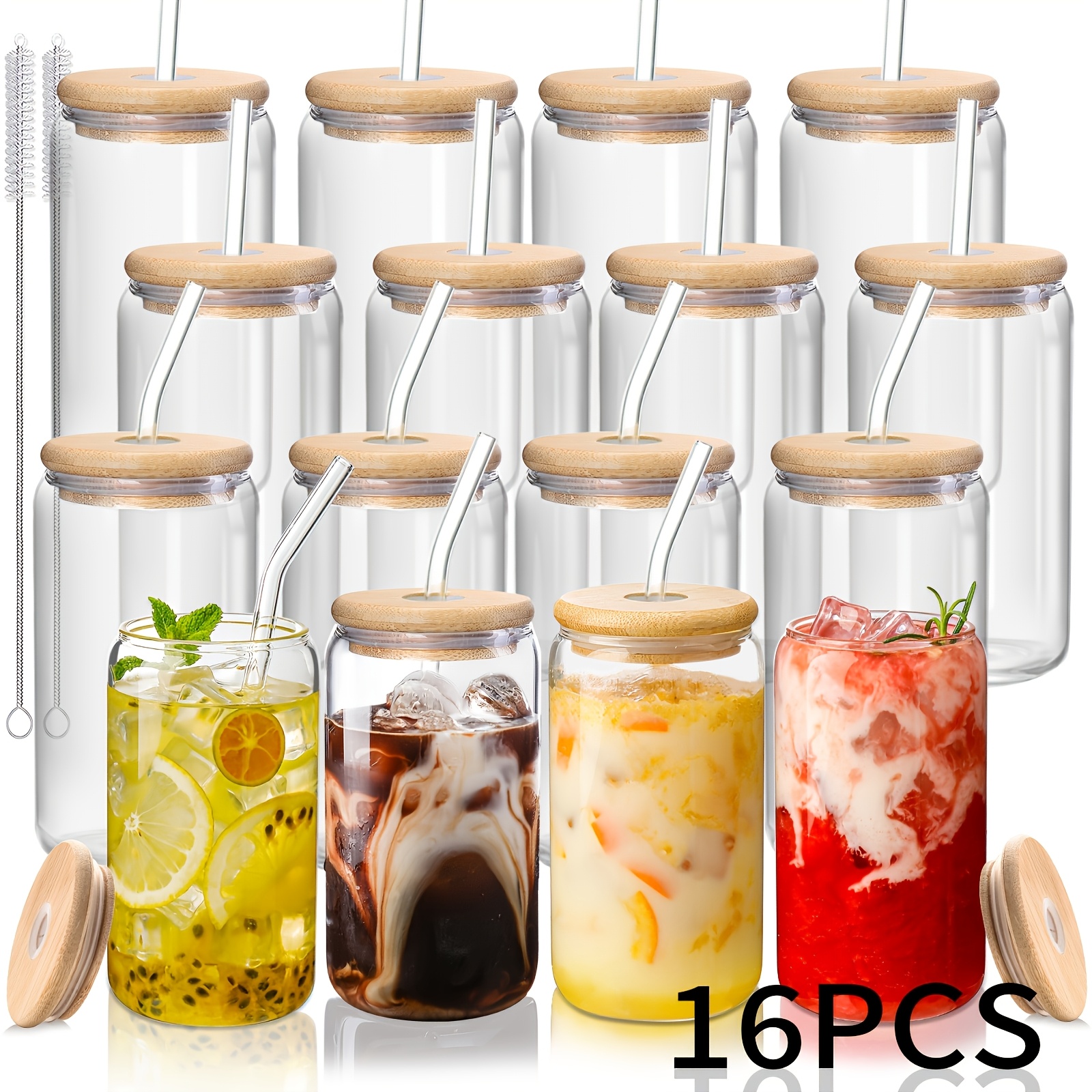 TEMU 4/6/8/12/16 Pack Of Glass Cups With Lids And Straws, - Glass Cups Suitable For Gifts, Business, Drinking Cup Sets, Iced Coffee Cups, Cute