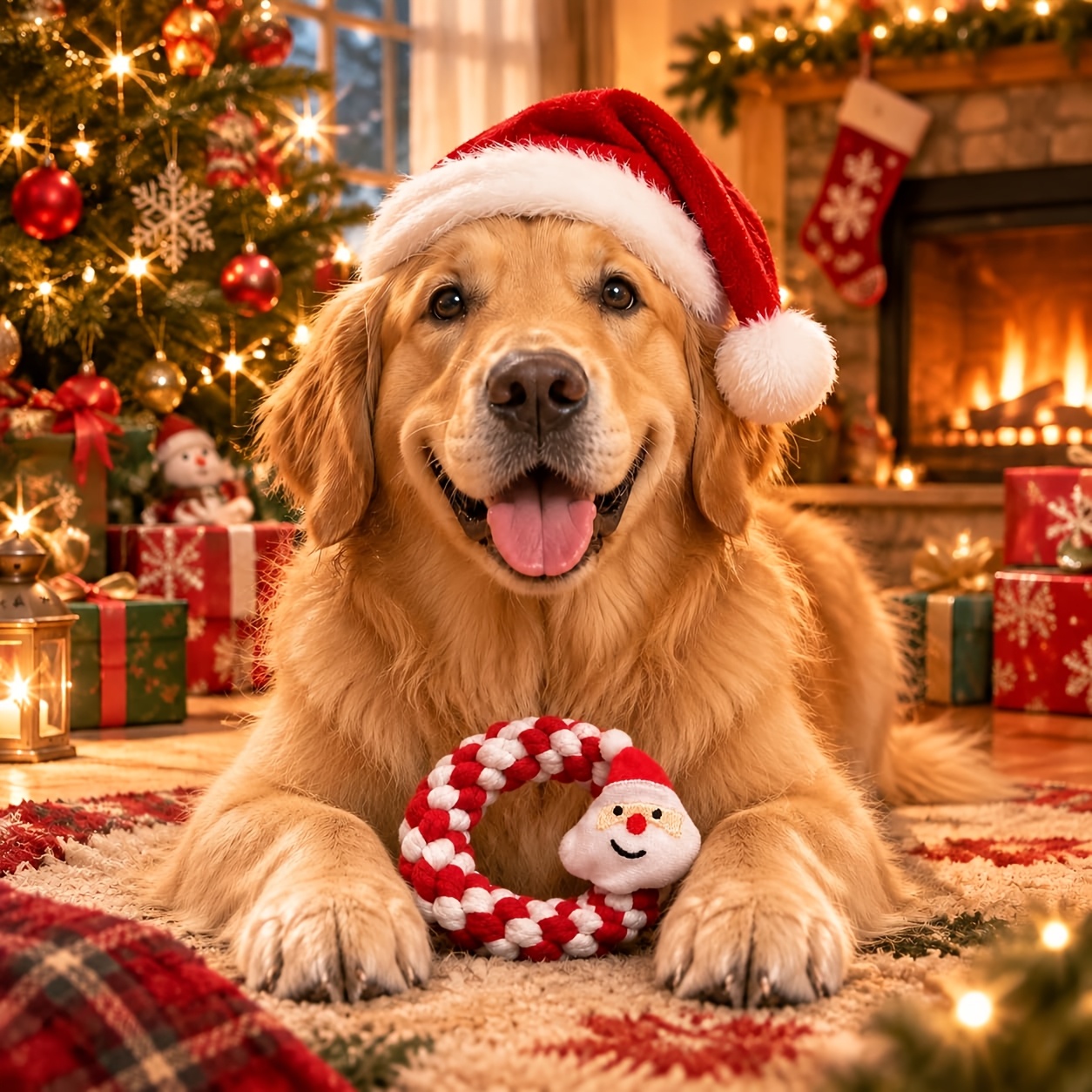 TEMU Jouet de corde de Noël haut de gamme pour chien Père Noël, anneau de couronne rouge et blanc tressé à avec tête de Père Noël en peluche, jouet