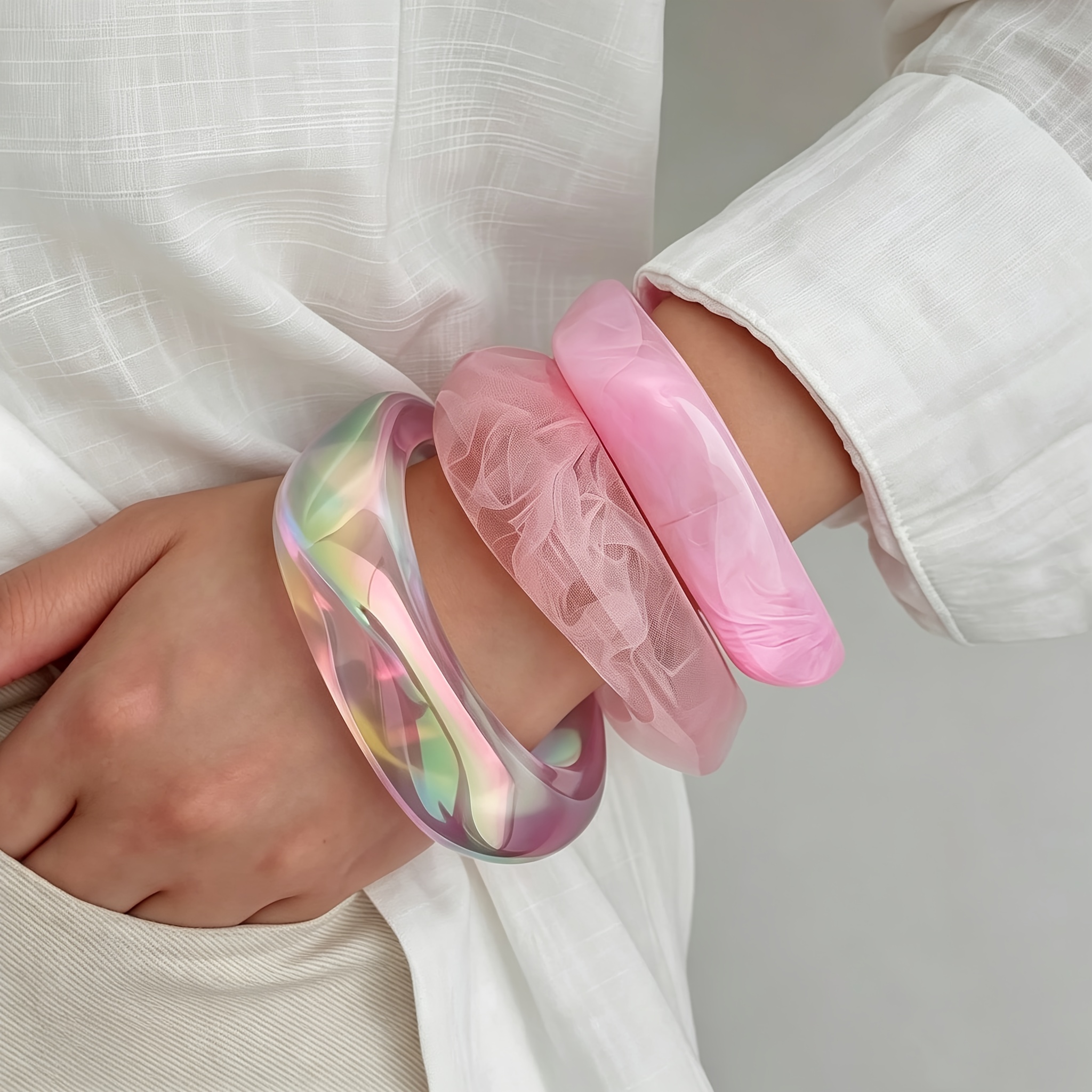 3pc Marbled Resin Bangle Bracelet Set, Trendy Stackable Design