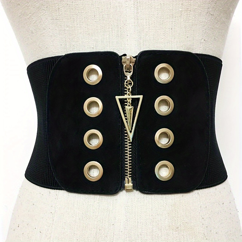 

Punk Zipper Wide Belts Trendy Black Elastic Waistband Eyelet Hollow Out Coat Dress Belt Women