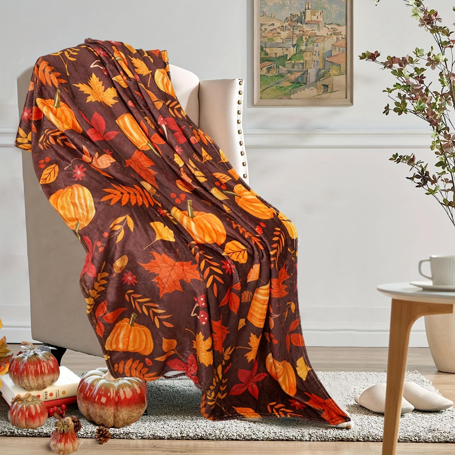 

Cozy Autumn Leaves Flannel Throw Blanket - Soft, Warm Pumpkin & Maple Design For Couch, Bed, Office, And Travel - Perfect & Thanksgiving Gift, All-season Comfort