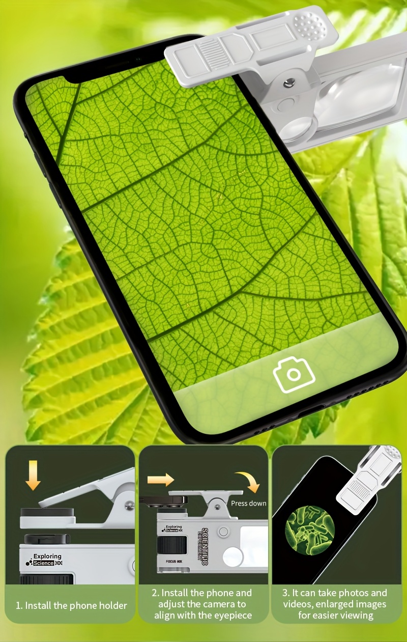 Microscopio Portátil 2-en-1 de Doble Función 3-10-80X con Luz LED Morada para Aventuras al Aire Libre, un Buen Regalo de Cumpleaños y del Día del Niño desde el Laboratorio a la Naturaleza