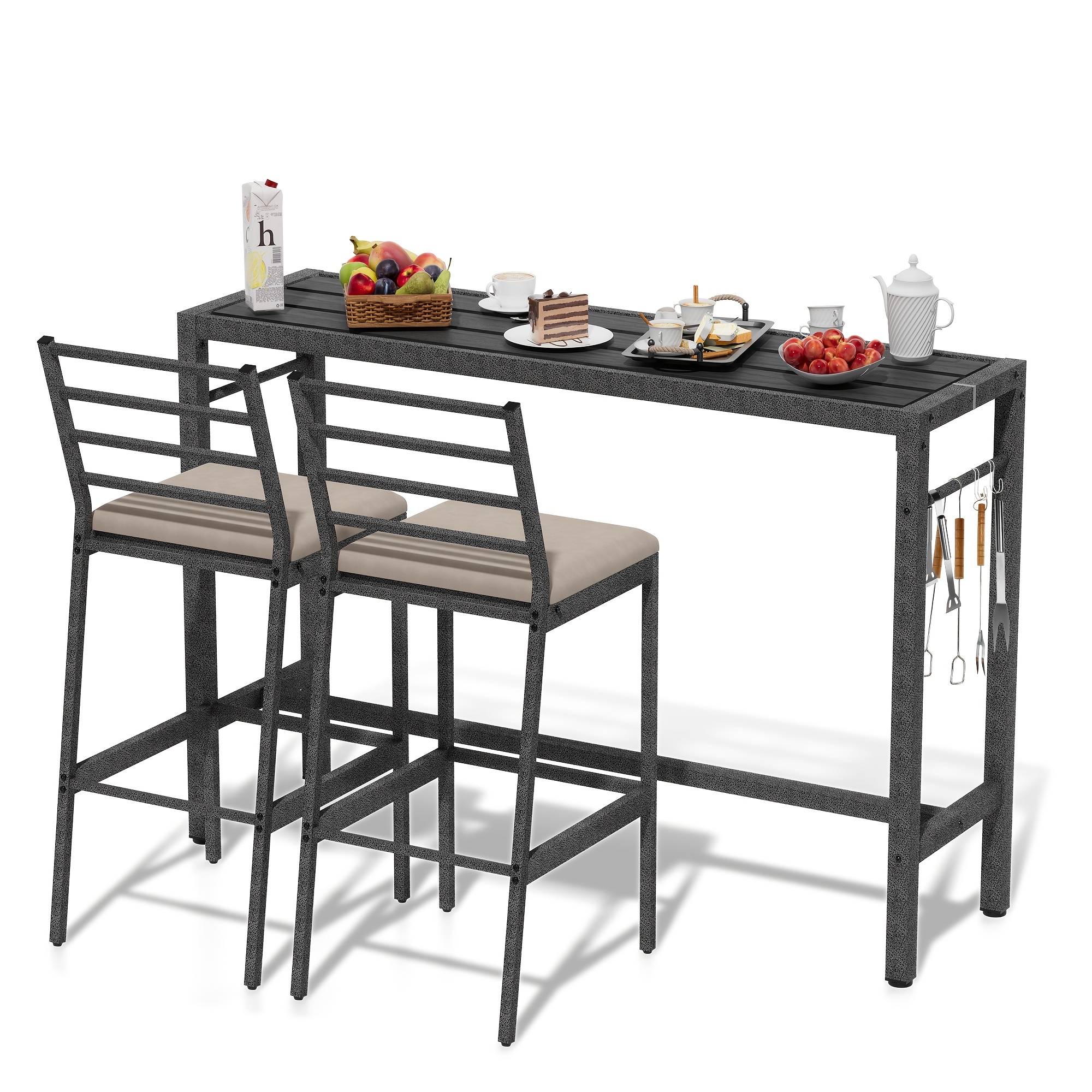 TEMU 3pcs Juego de bar para patio al , rectangular de 55" para pub con 2 taburetes de bar acolchados, juego de mesa y sillas de bar de metal para