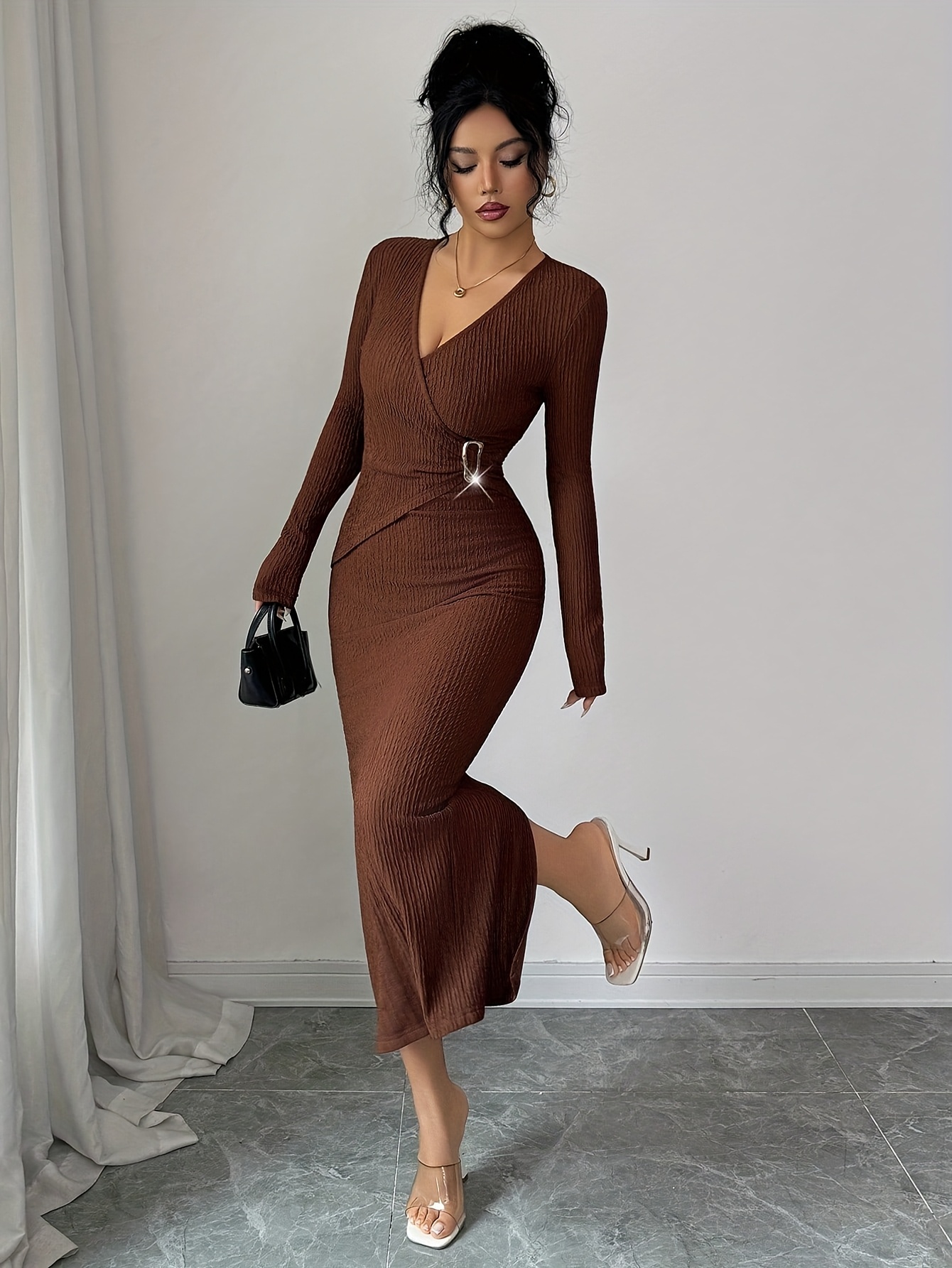 womens solid color maxi dress v neck metal bodycon - Temu Oman