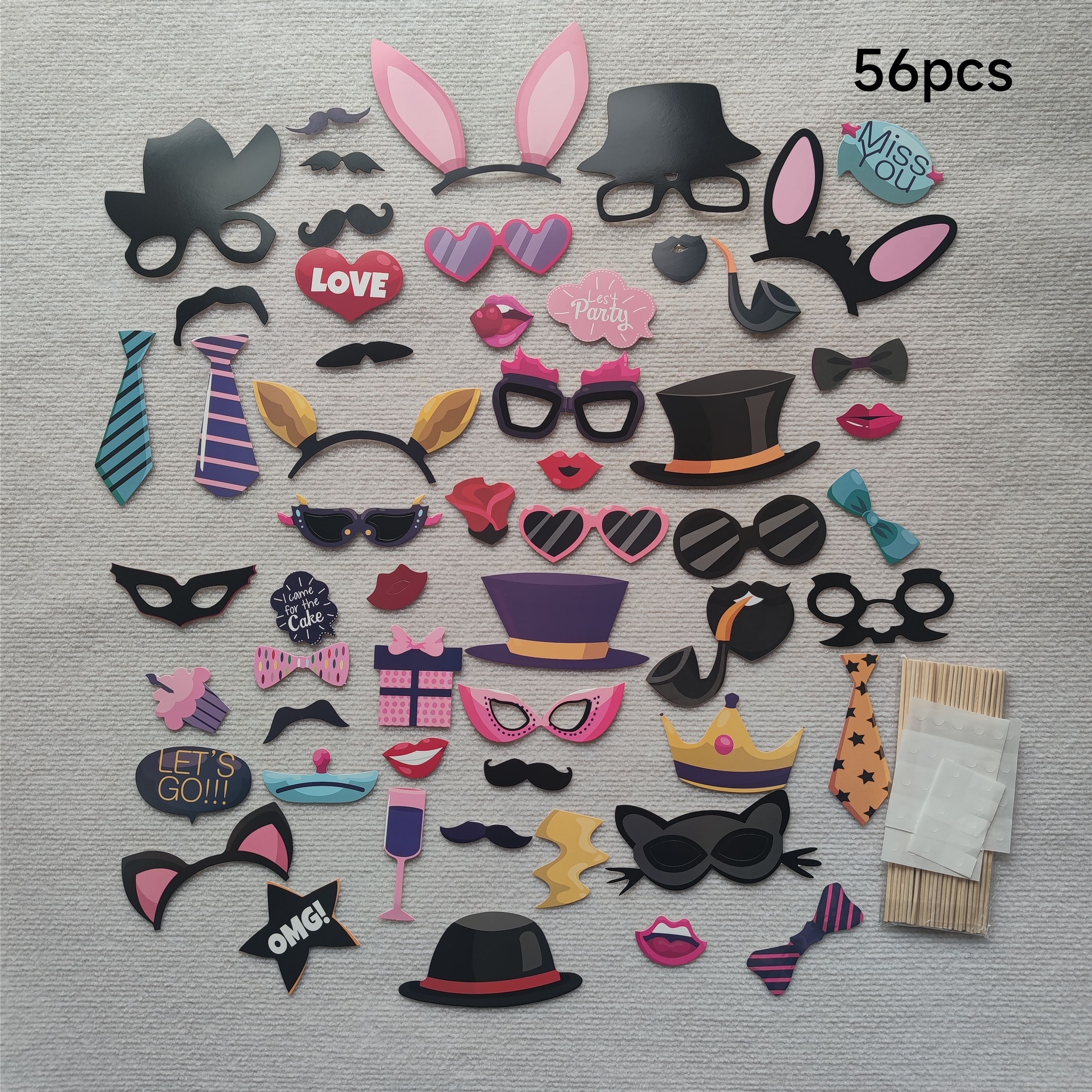 Image of 56pcs Photo Booth Props For Birthday Weddings Prom Disco Mardi Gras Party Supplies Mix Of Hats, Tie, Crowns, Dancing Party Wedding Party Photo Props