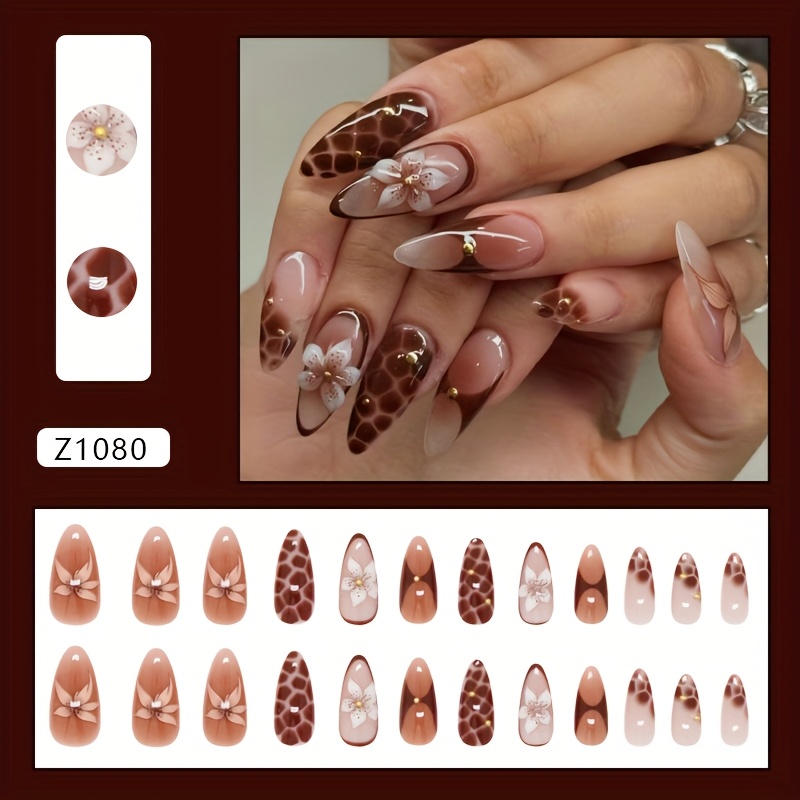 TEMU 3d Ice-transparent Brown Lily Vintage Versatile Medium-length Almond Nails, European-inspired Wearable Nail Tips