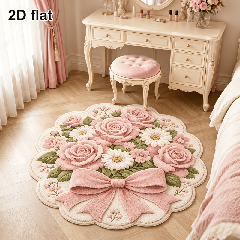 TEMU French Country Style Bedroom Decor Dressing Table Rug, Pink Rose And Daisy Wavy Mat, Soft Vintage Style Bedroom Bedside Carpet, Cute Non-slip