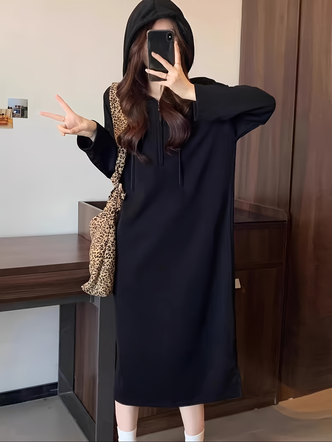 Women's Hooded Zip-Up Sweatshirt Dress Japanese Korean Style Fitted  *-Length Pullover with Front Zipper Adjustable Drawstring Hood, Soft  Machine