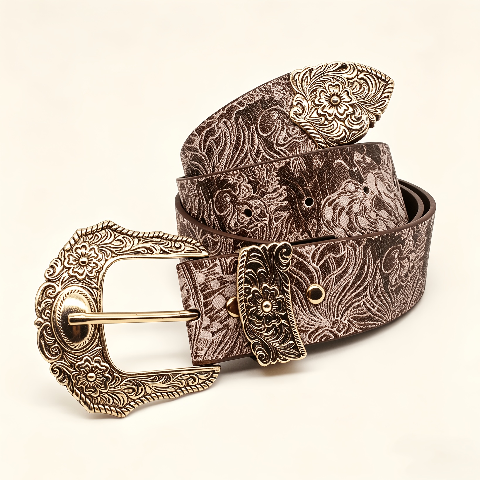 TEMU Bohemian Western Floral Pattern Belt, Ornate Engraved Adjustable Waist Belt Suitable For Streetwear And Party Occasions Christmas Gift