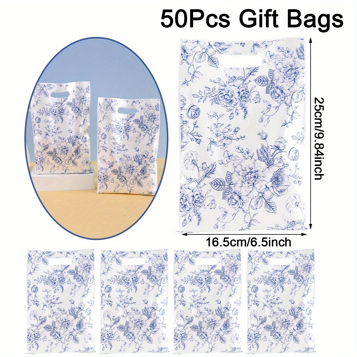 TEMU 10/20/50pcs Chinoiserie Blue Flower Gift Bags, Floral Designs Cellophane Treat Bags, Perfect For Wedding Birthday Party Supplies, Small Business