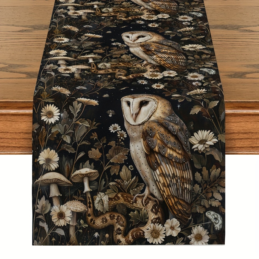 

1pc, Table Runner, Owl Plant Moon Pattern Table Runner, Spring Theme Table Runner, Seasonal Kitchen Dining Table Decoration For Indoor, Party Decor