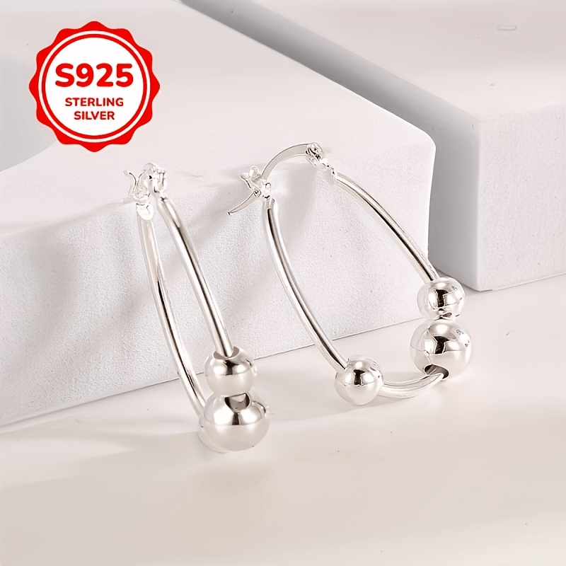 Women's 925 Silvery Fashion Round Bead Hoop Earrings