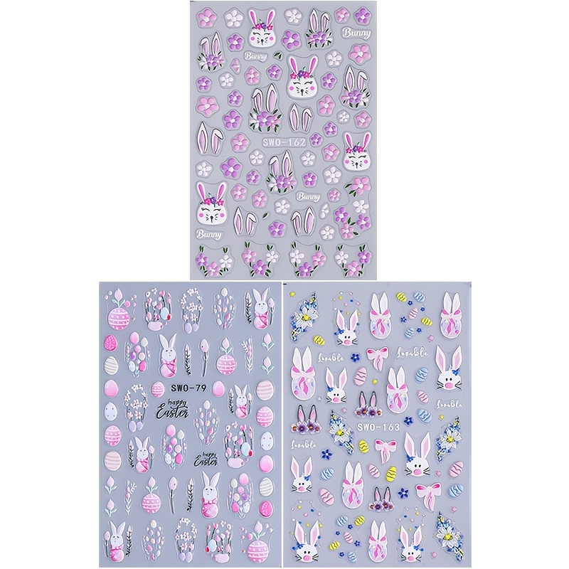 Image of 3pcs Easter Embossed Nail Stickers, Cute , Flower, Egg, Floral And Leaf Patterns, Self-adhesive Nail Decals, Nail Art Decorations And Nail Art Supplies