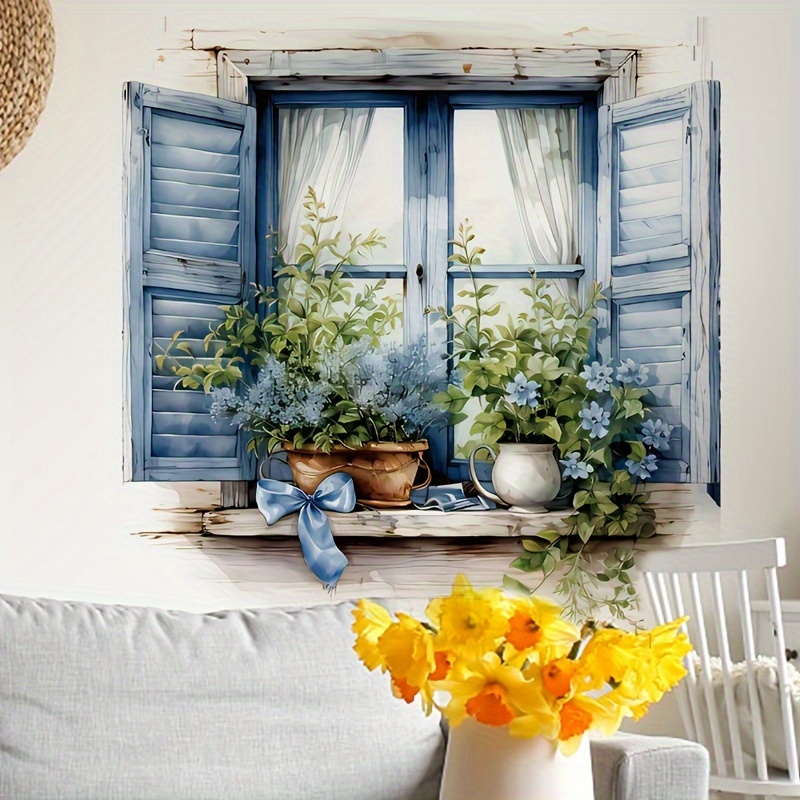Blue Window Flower Pot Pattern Decal Bedroom Living Room Study Wall Decoration Removable Self-adhesive Wall Sticker Pvc