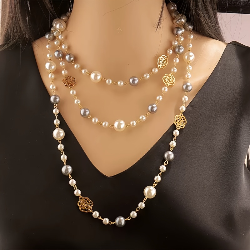 Elegant Vintage Pearl &amp;#38; Golden Floral Bead Layered Necklace – Multi-Strand Jewelry for Women